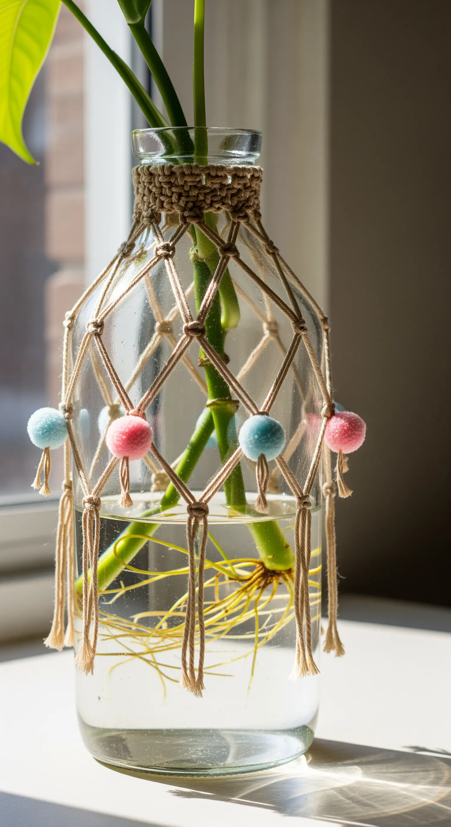 Barattolo di vetro per talee, con una rete macramé decorata da pompon colorati.
