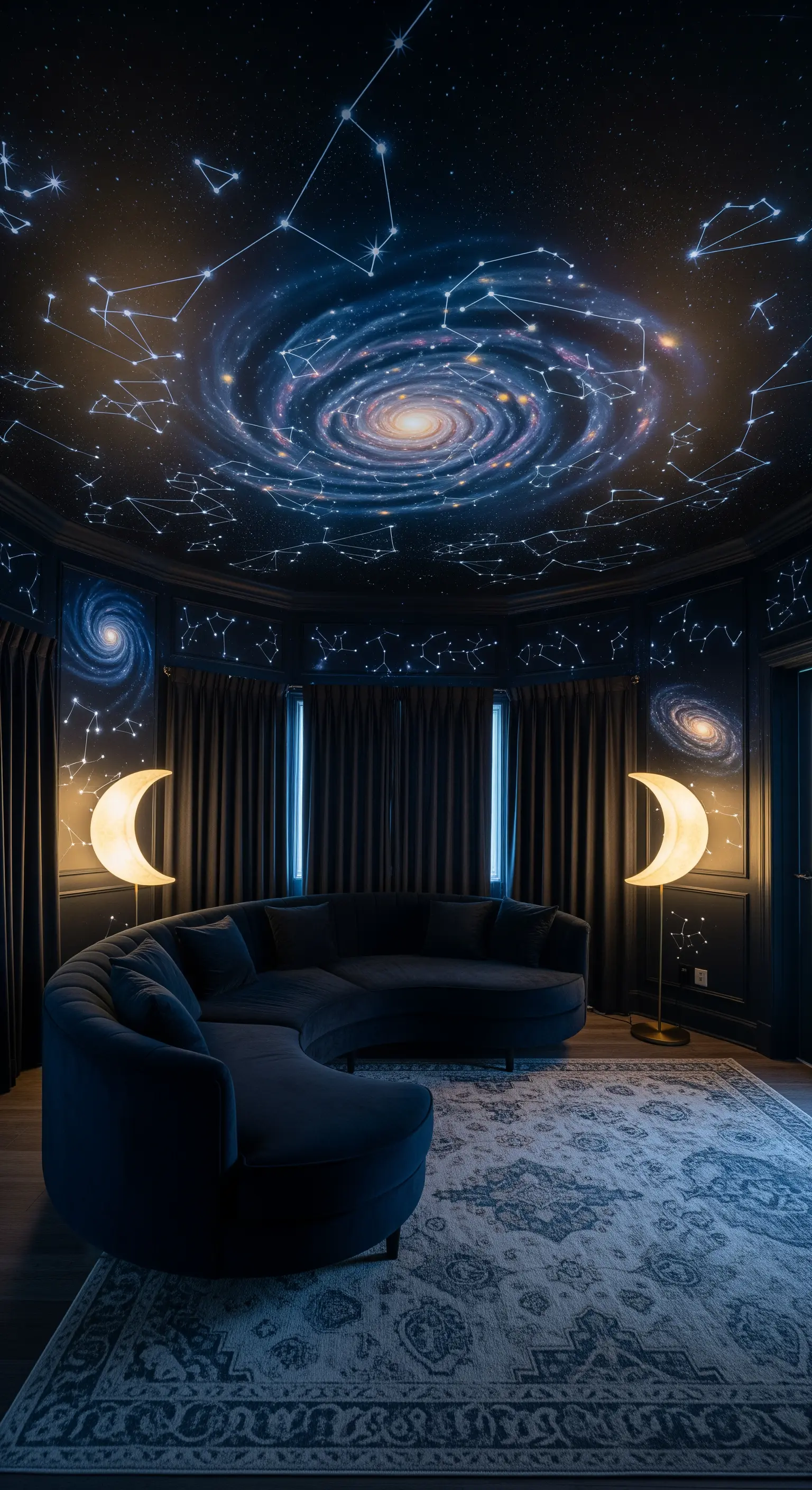 Salotto con soffitto dipinto come una galassia e un divano curvo blu scuro.