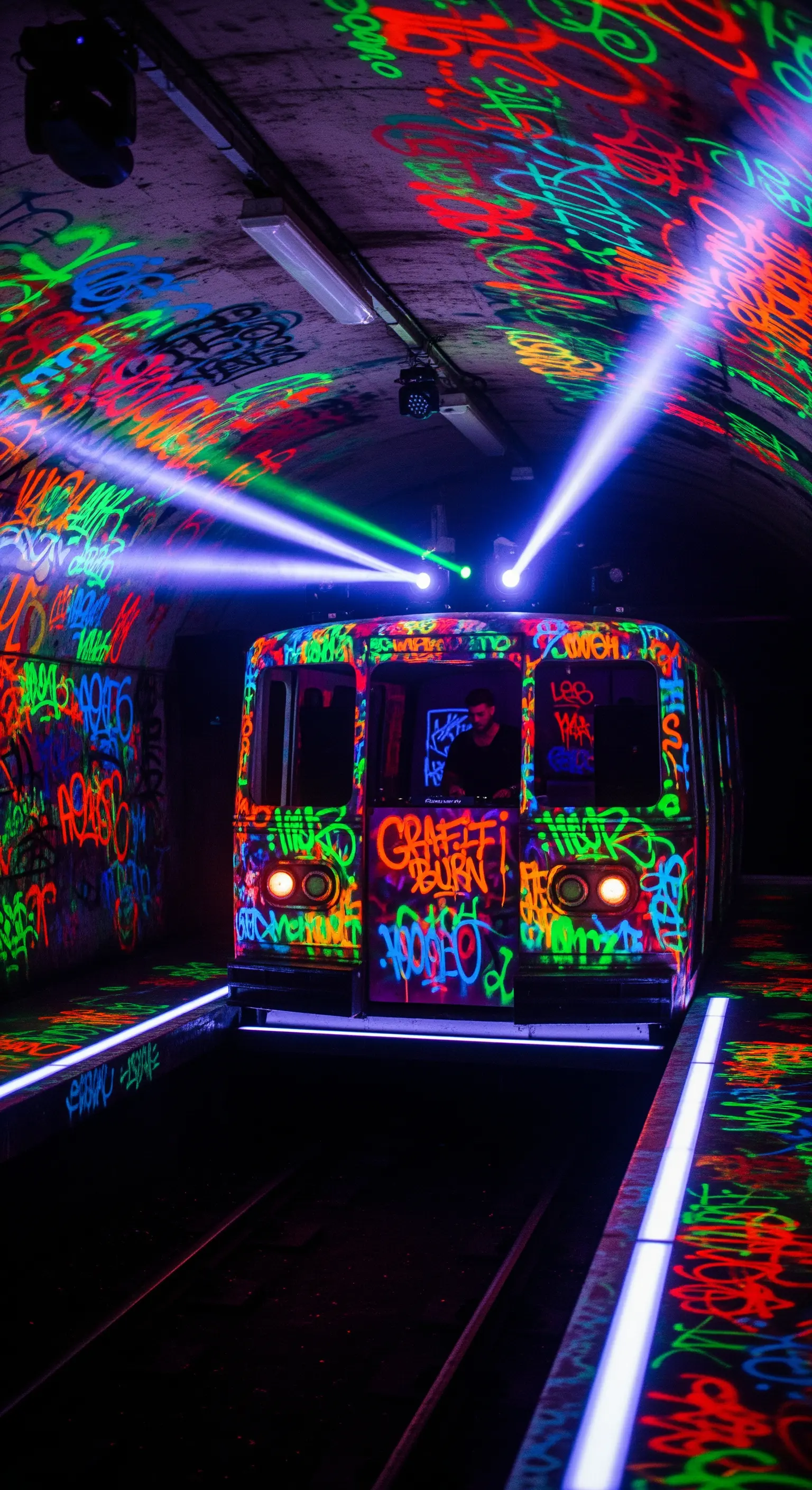 DJ in una cabina di treno ricoperta di graffiti fluorescenti in un tunnel.