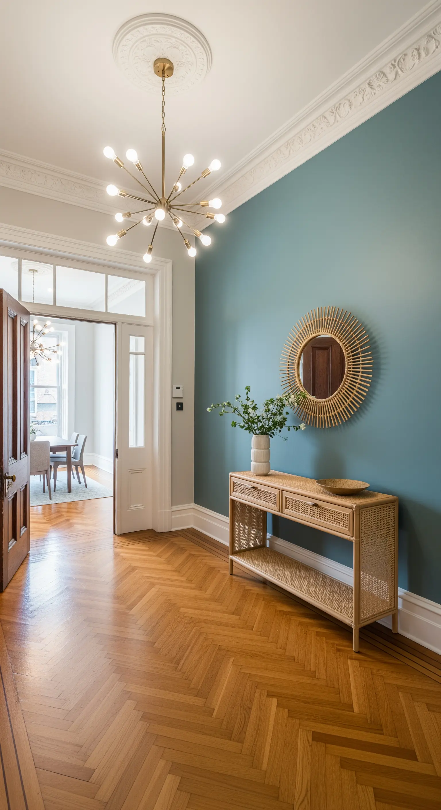 Ingresso con parquet a spina di pesce, pareti verde salvia e consolle in rattan.