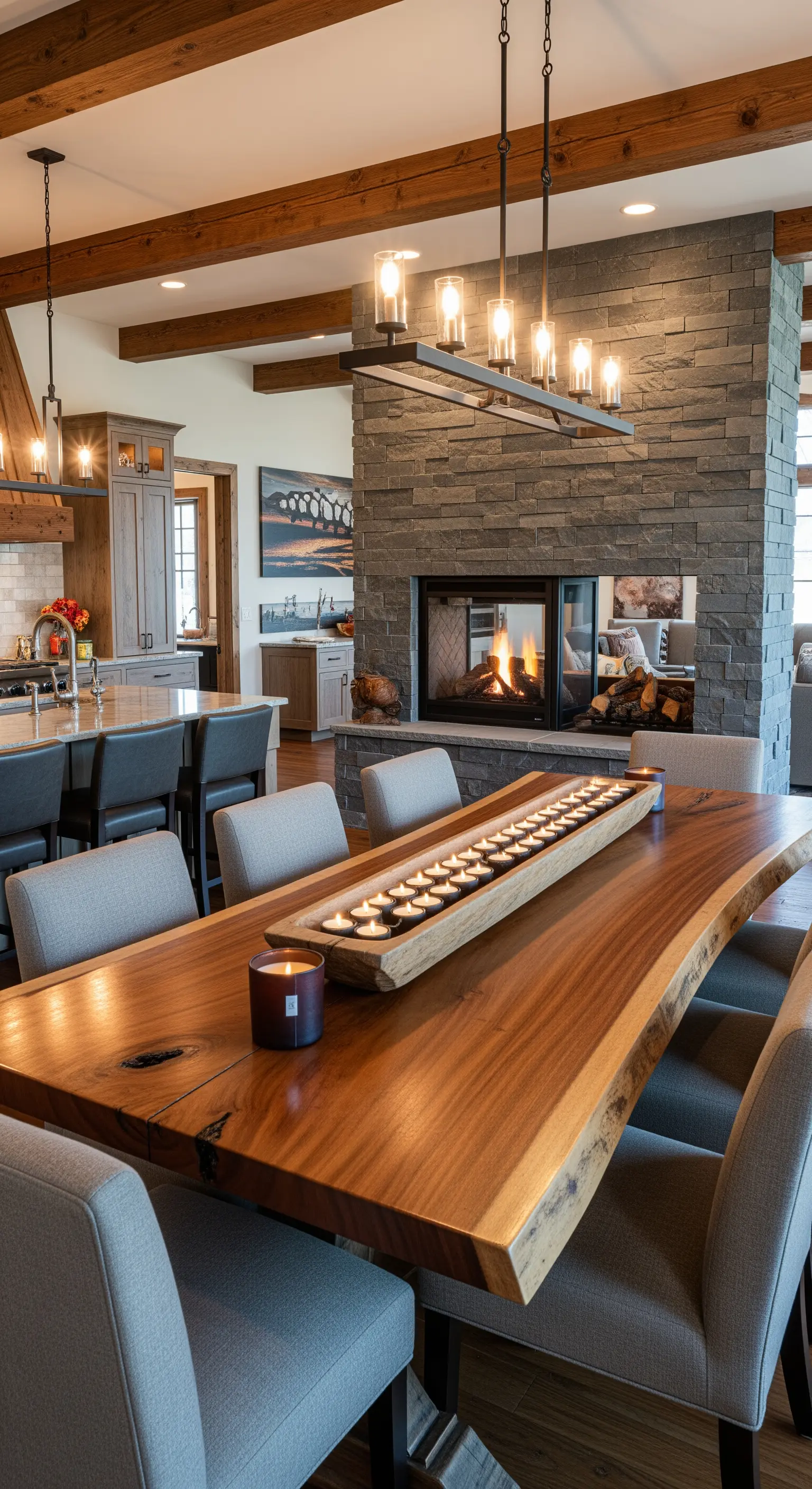 Moderna zona pranzo con camino bifacciale in pietra, tavolo live-edge e lampadario lineare.