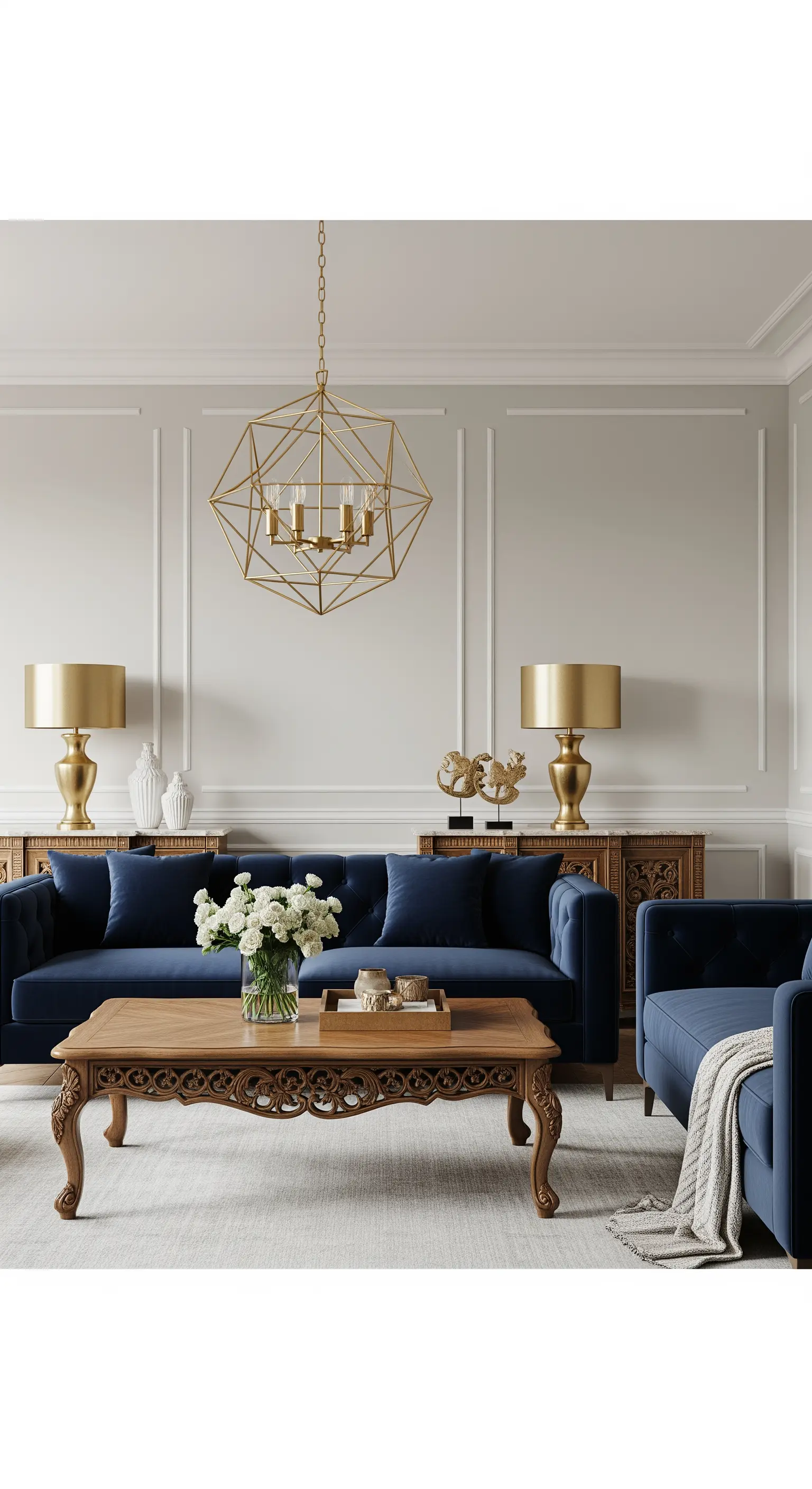 Salotto classico con divani in velluto blu, lampade da tavolo dorate e lampadario geometrico.