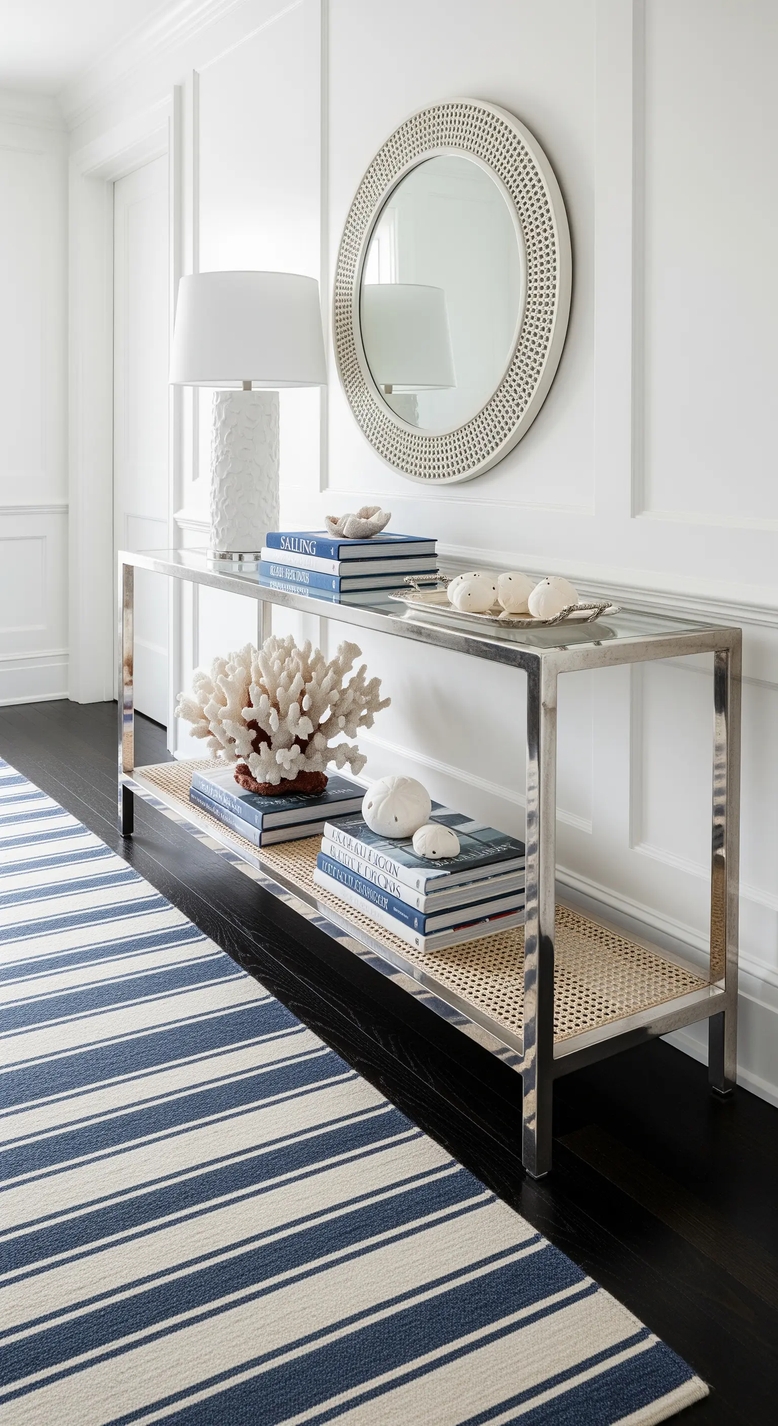 Consolle moderna in acciaio cromato e paglia di Vienna con tappeto a righe e pavimento scuro.