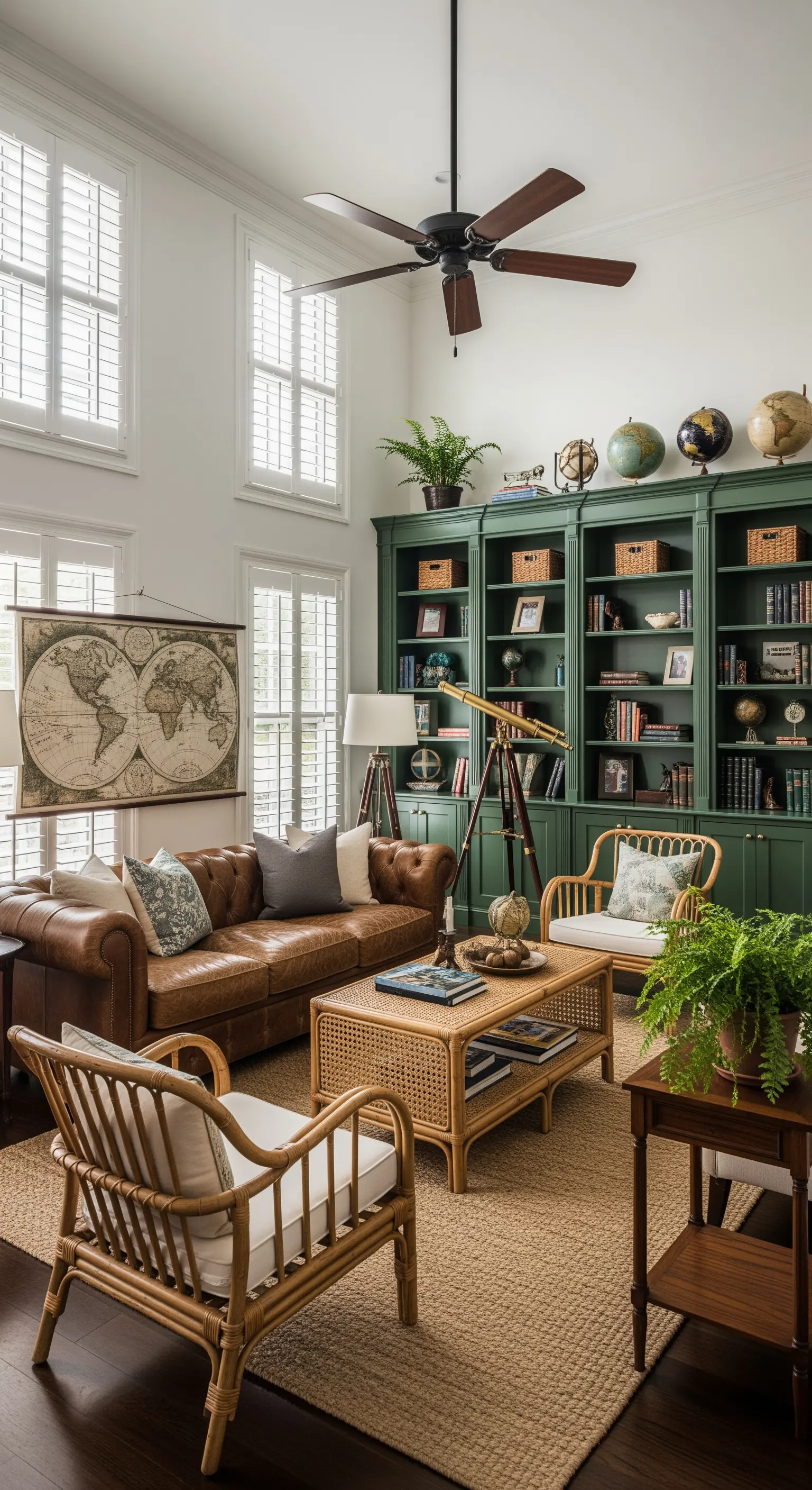 Salotto in stile coloniale con libreria verde, divano in pelle e poltrone in rattan.