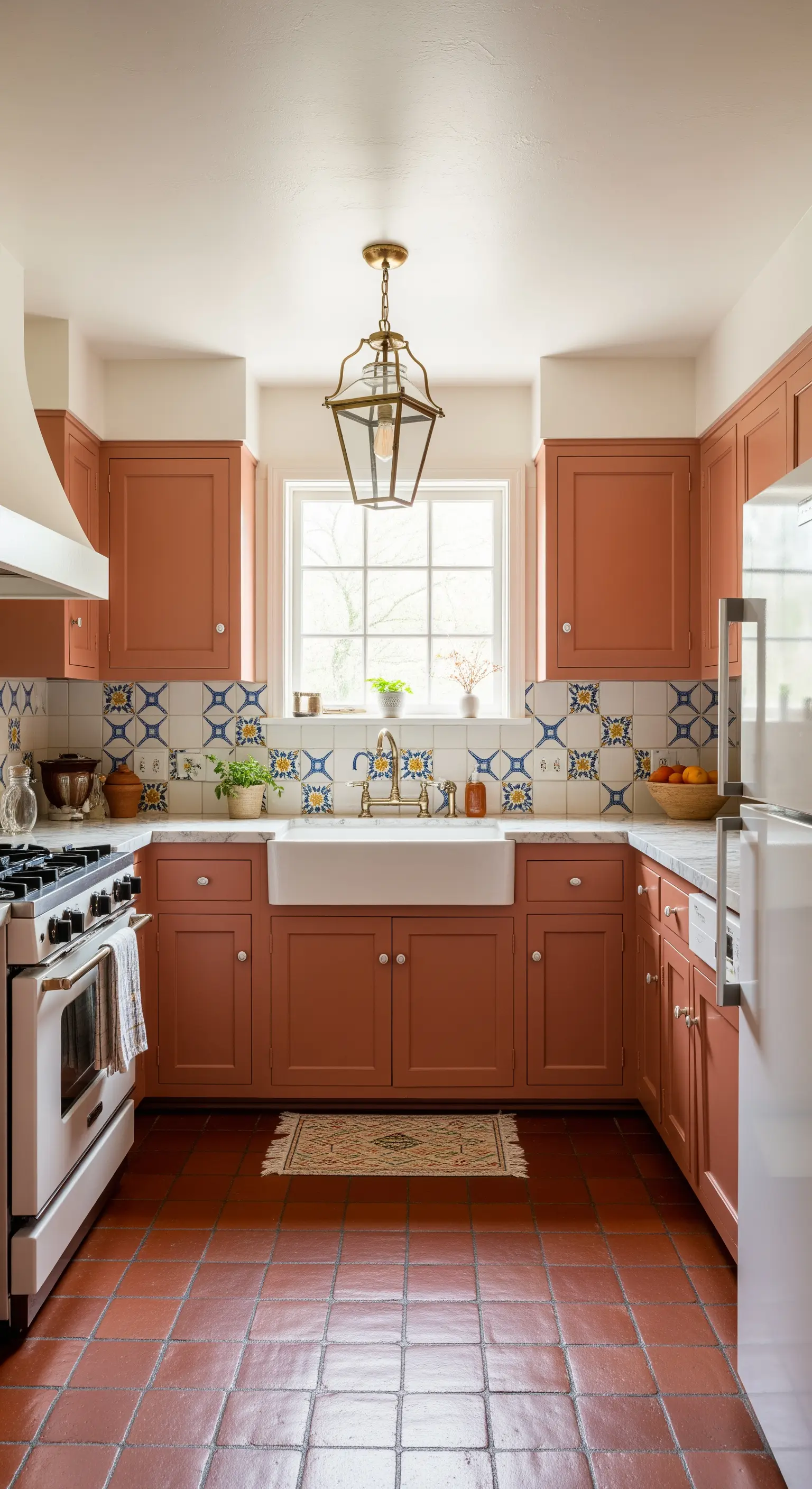 Cucina con mobili color terracotta, piastrelle decorate blu e gialle e lavello farmhouse.