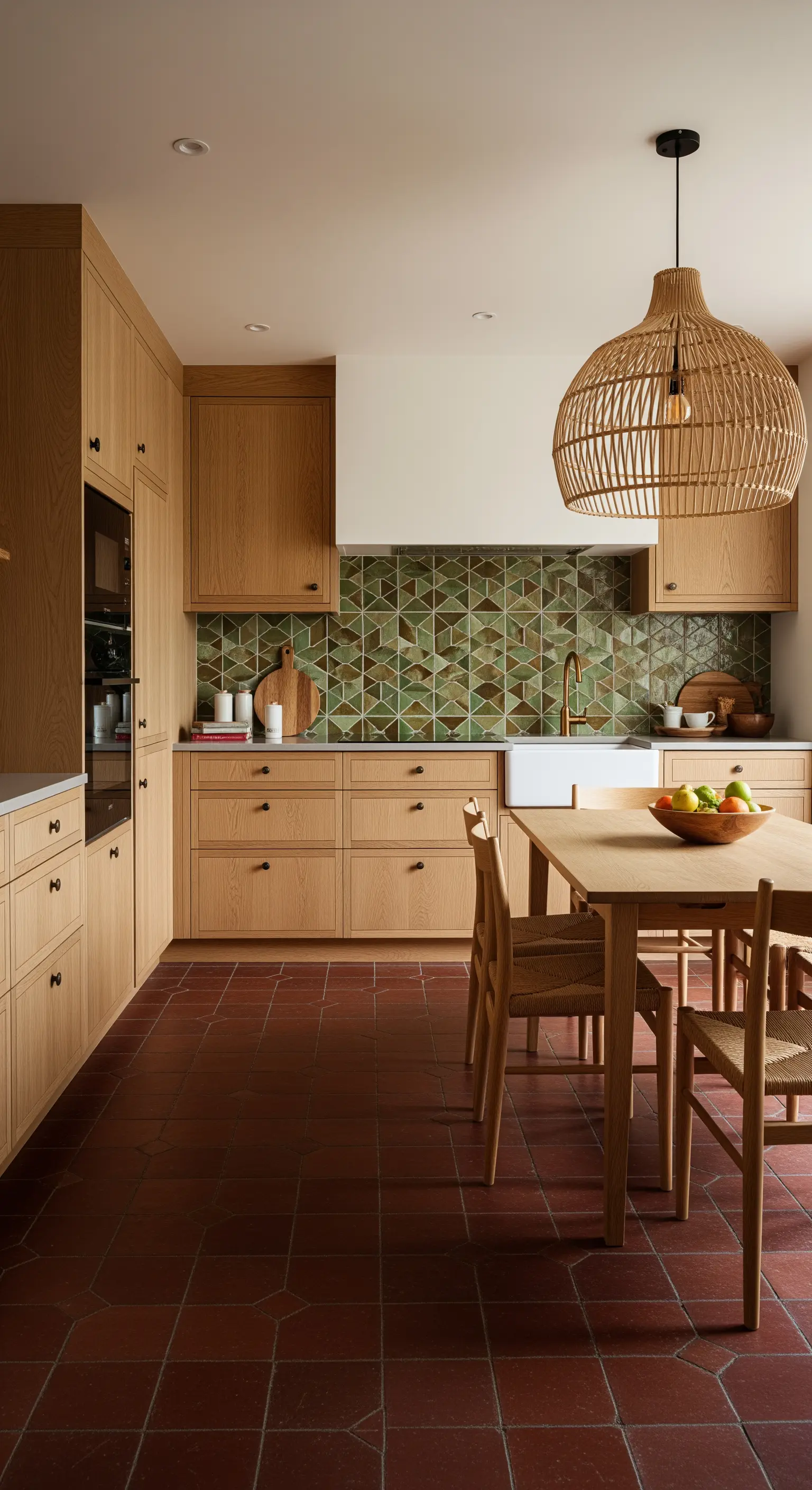 Cucina con mobili in legno chiaro, piastrelle verdi a triangolo e pavimento in cotto.