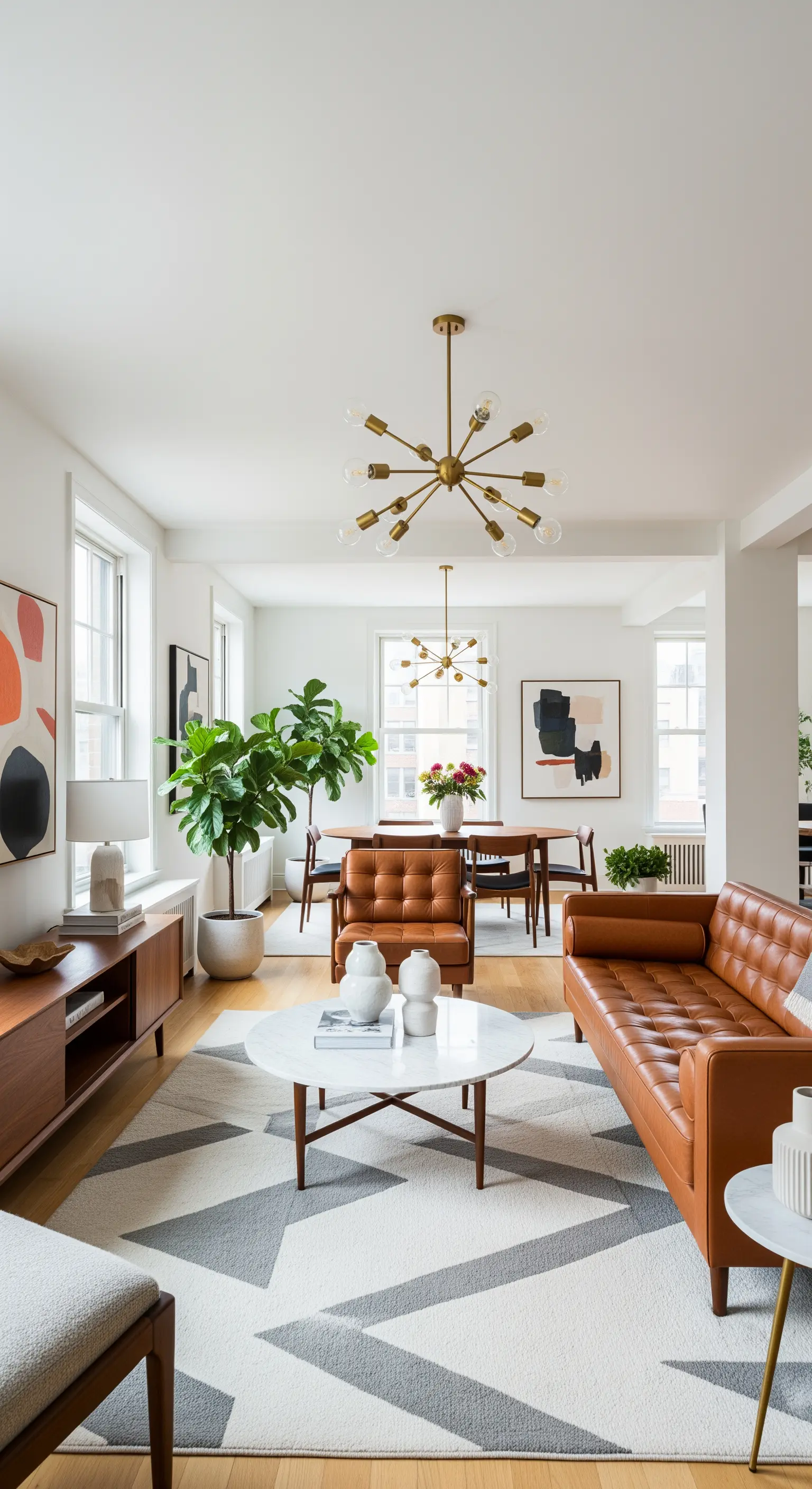 Soggiorno Mid-Century moderno con divano in pelle cognac e lampadario Sputnik in ottone.