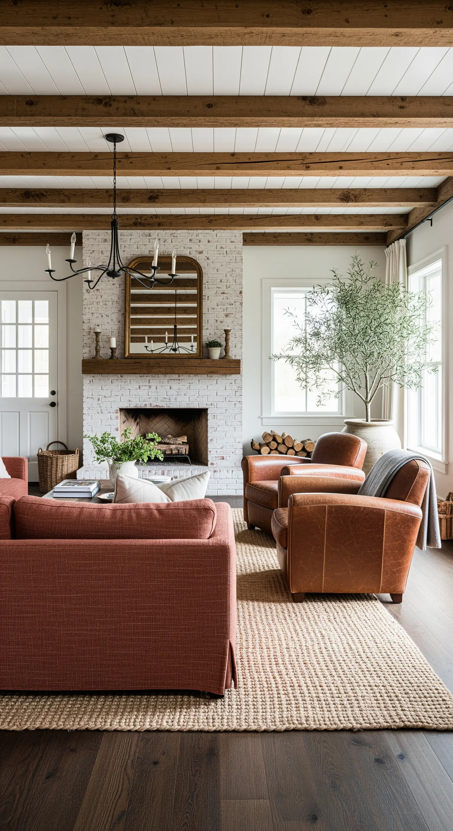 Soggiorno rustico con divano terracotta, travi in legno e camino in mattoni bianchi