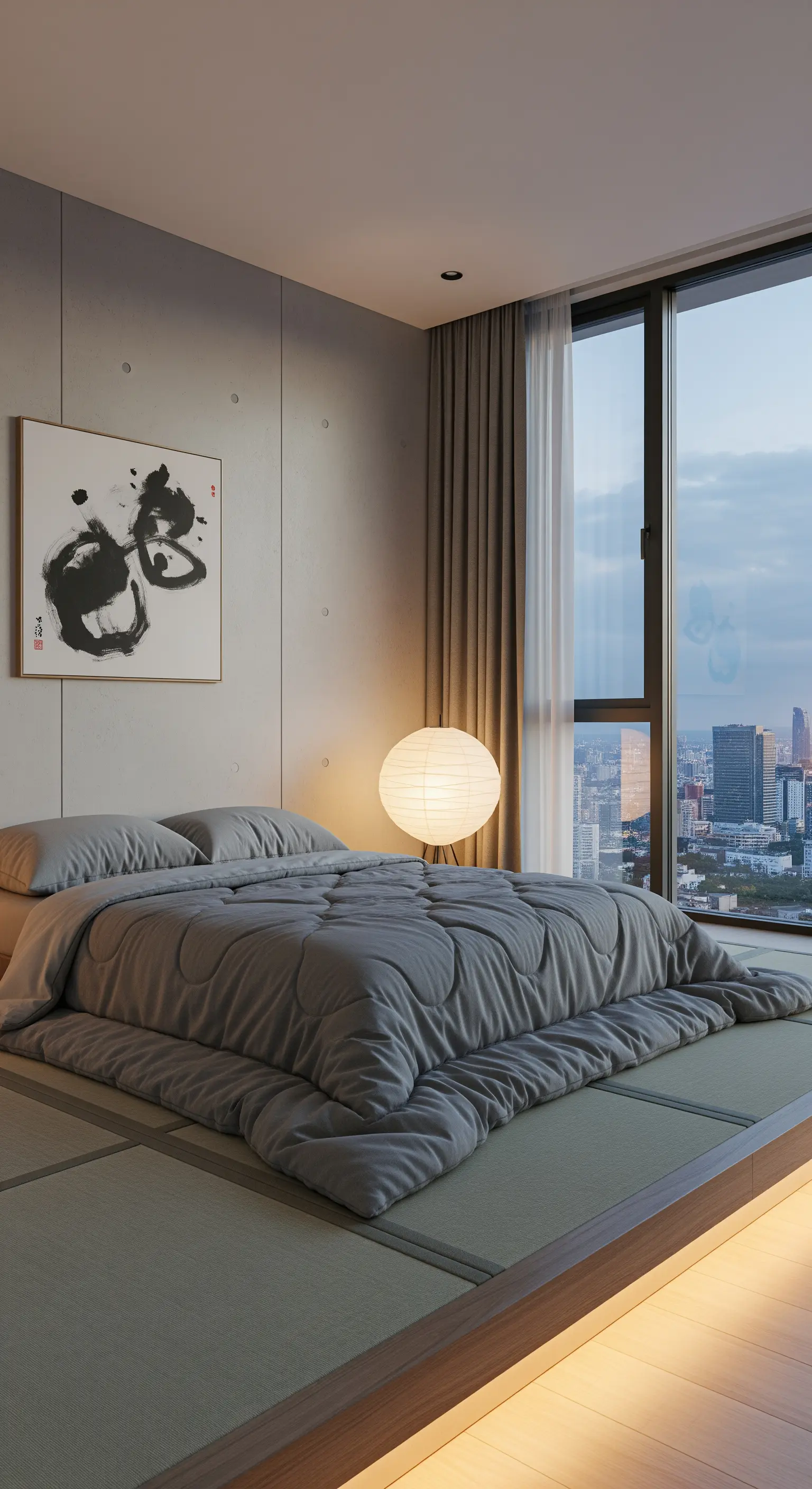 Camera moderna con letto-futon su pedana illuminata, parete in cemento e vista sulla città.