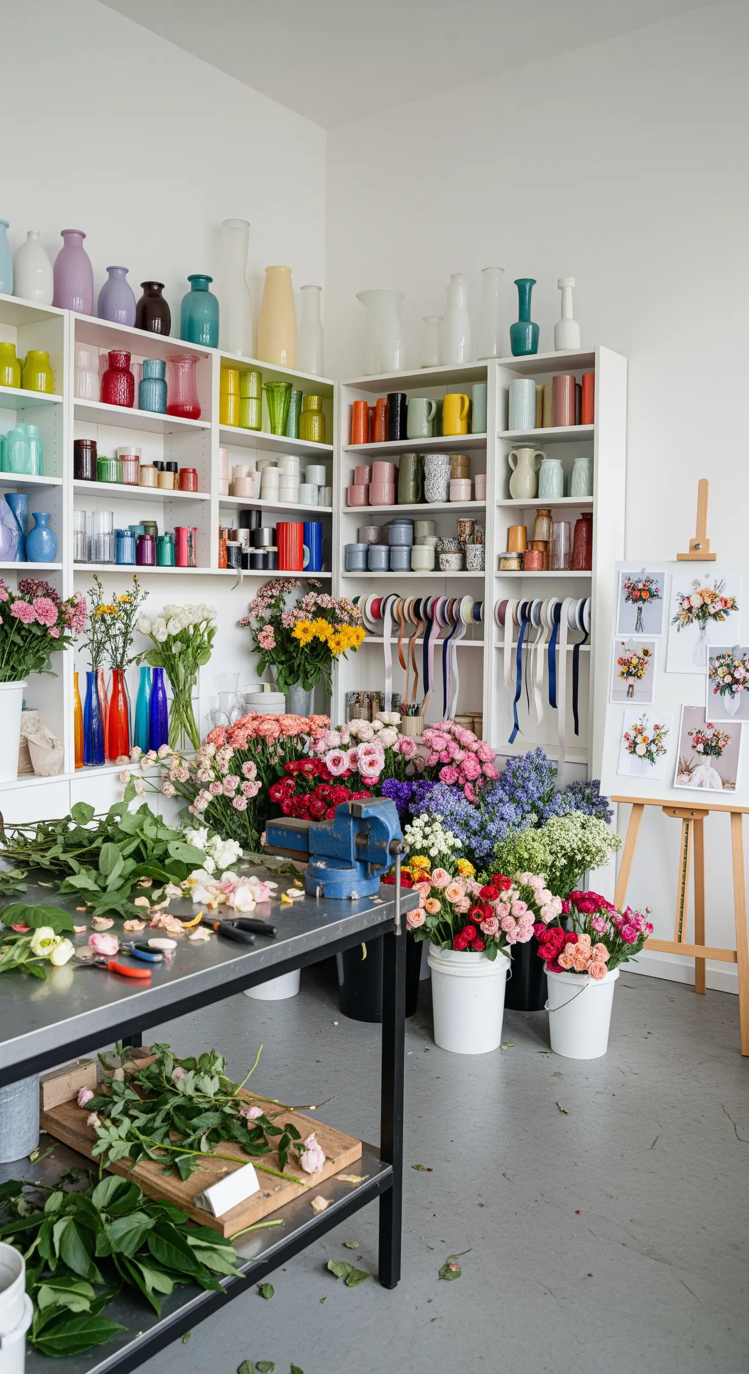 Laboratorio di fiorista con scaffali bianchi pieni di vasi colorati e secchi di fiori freschi.