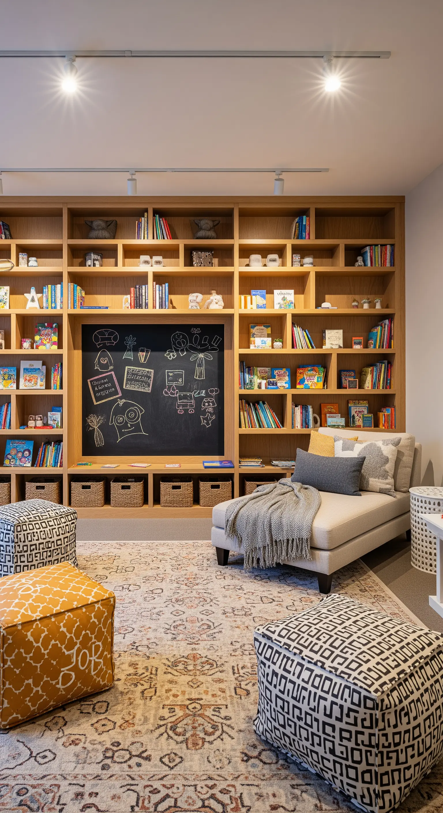 Parete attrezzata per bambini con libreria in legno, lavagna centrale e pouf a terra.