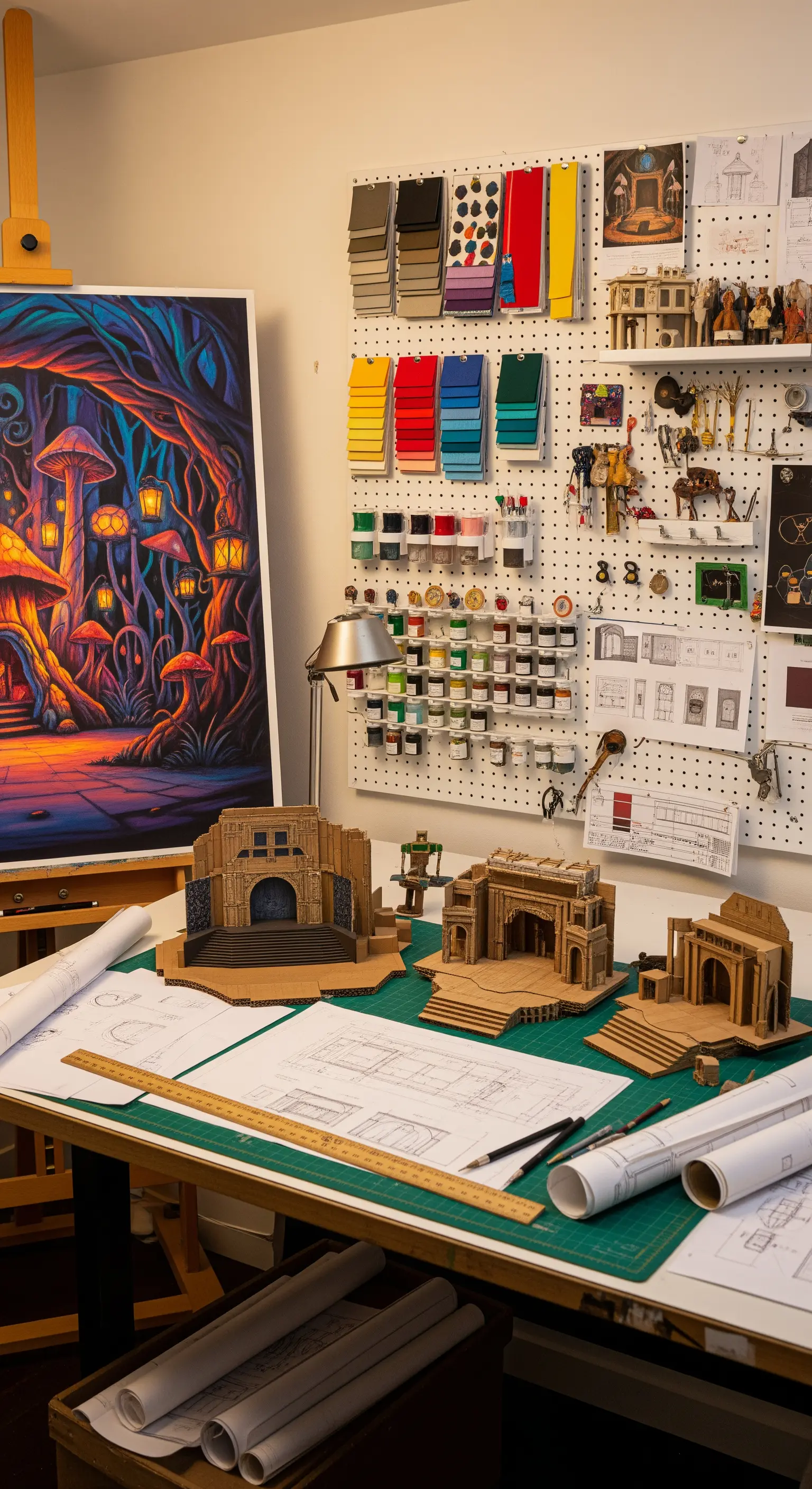Tavolo da lavoro con modelli architettonici in cartone, progetti e una parete attrezzata.