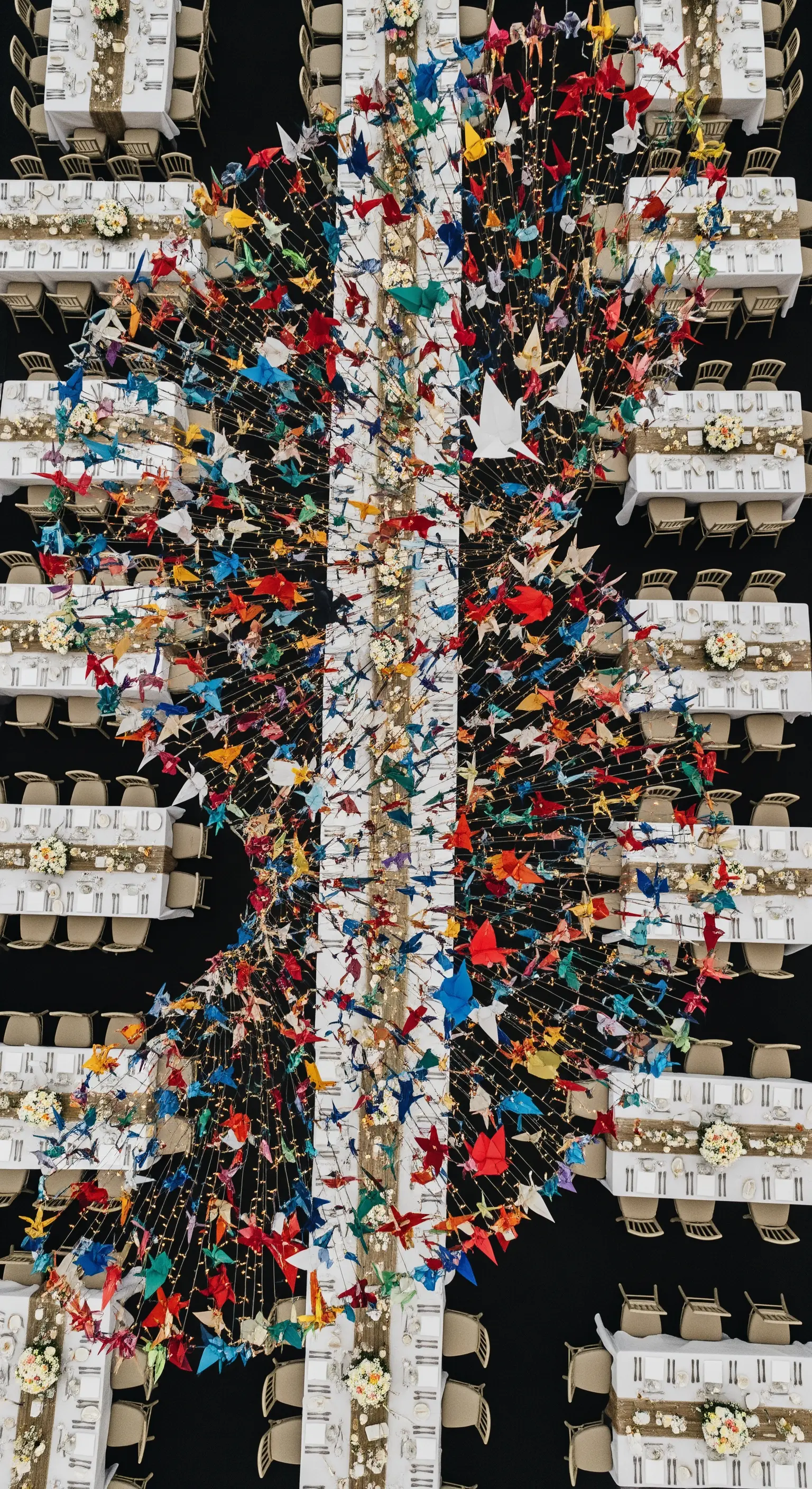 Installazione a soffitto con centinaia di origami a forma di gru colorate sospese sopra i tavoli.