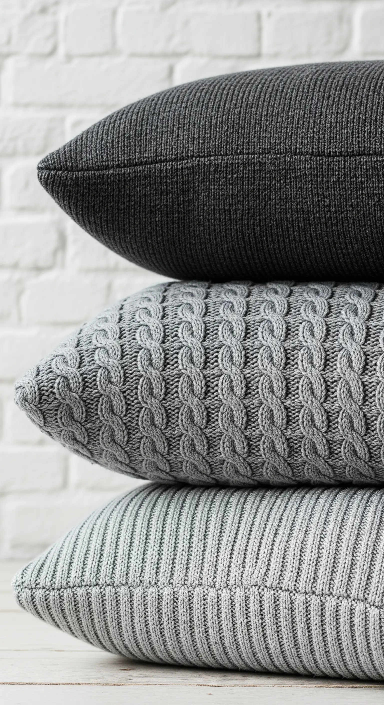 Pila di tre cuscini grigi con diverse lavorazioni a maglia: trecce, coste, liscio.