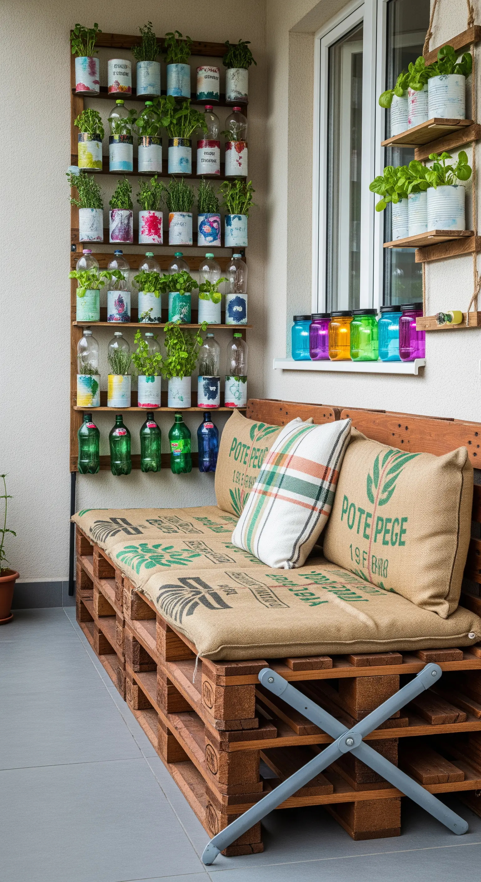 Divano fatto con pallet e un orto verticale realizzato con bottiglie e barattoli di riciclo.
