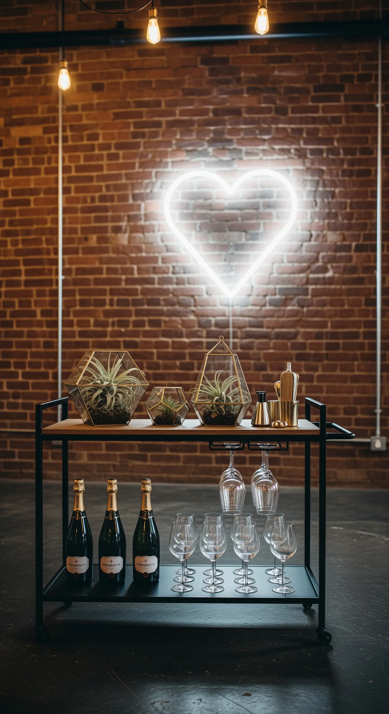 Carrello bar industrial con insegna a cuore al neon su muro di mattoni e piante grasse.