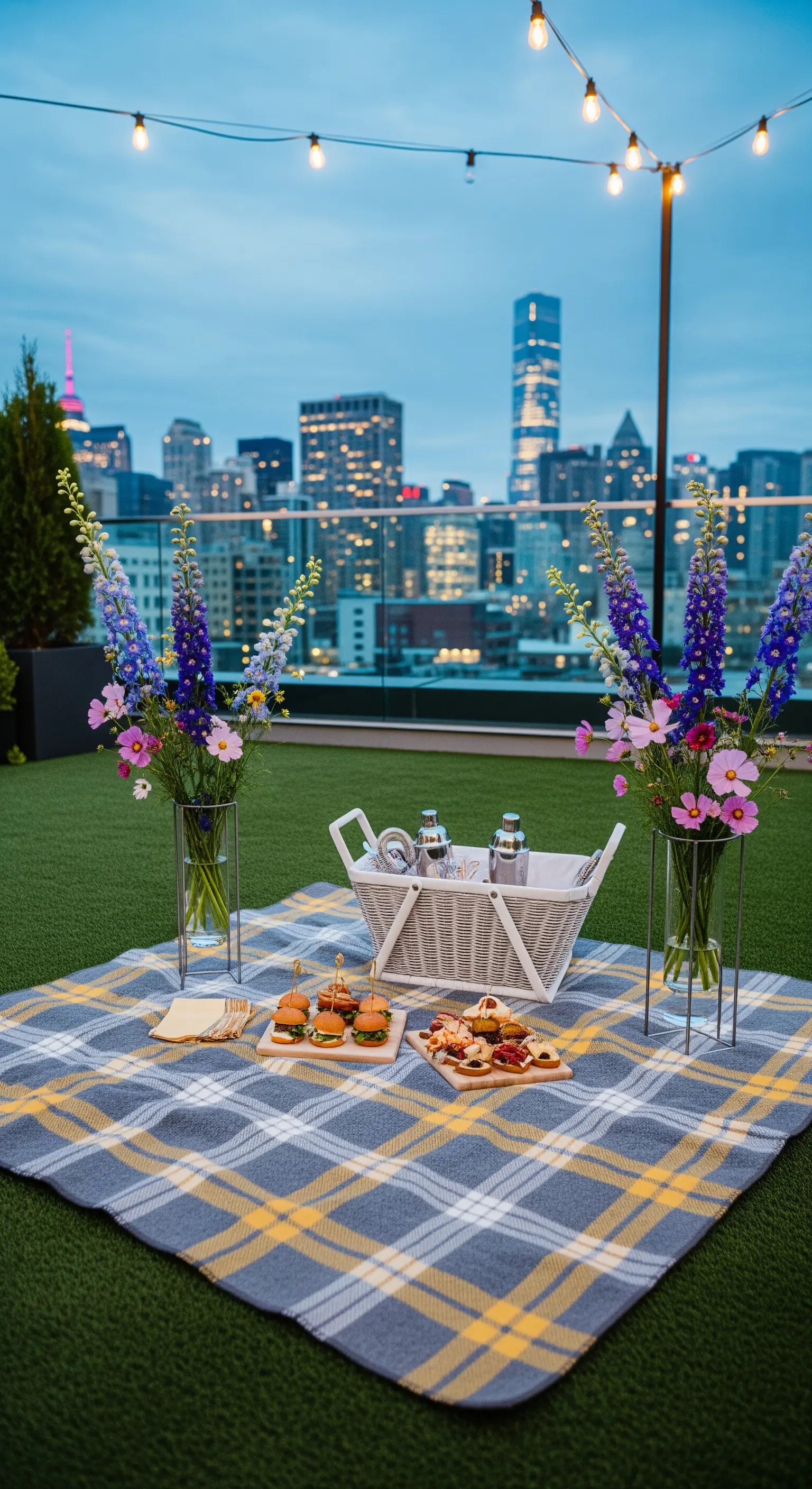 Picnic su un tetto con vista sulla città, coperta a quadri e fili di luci