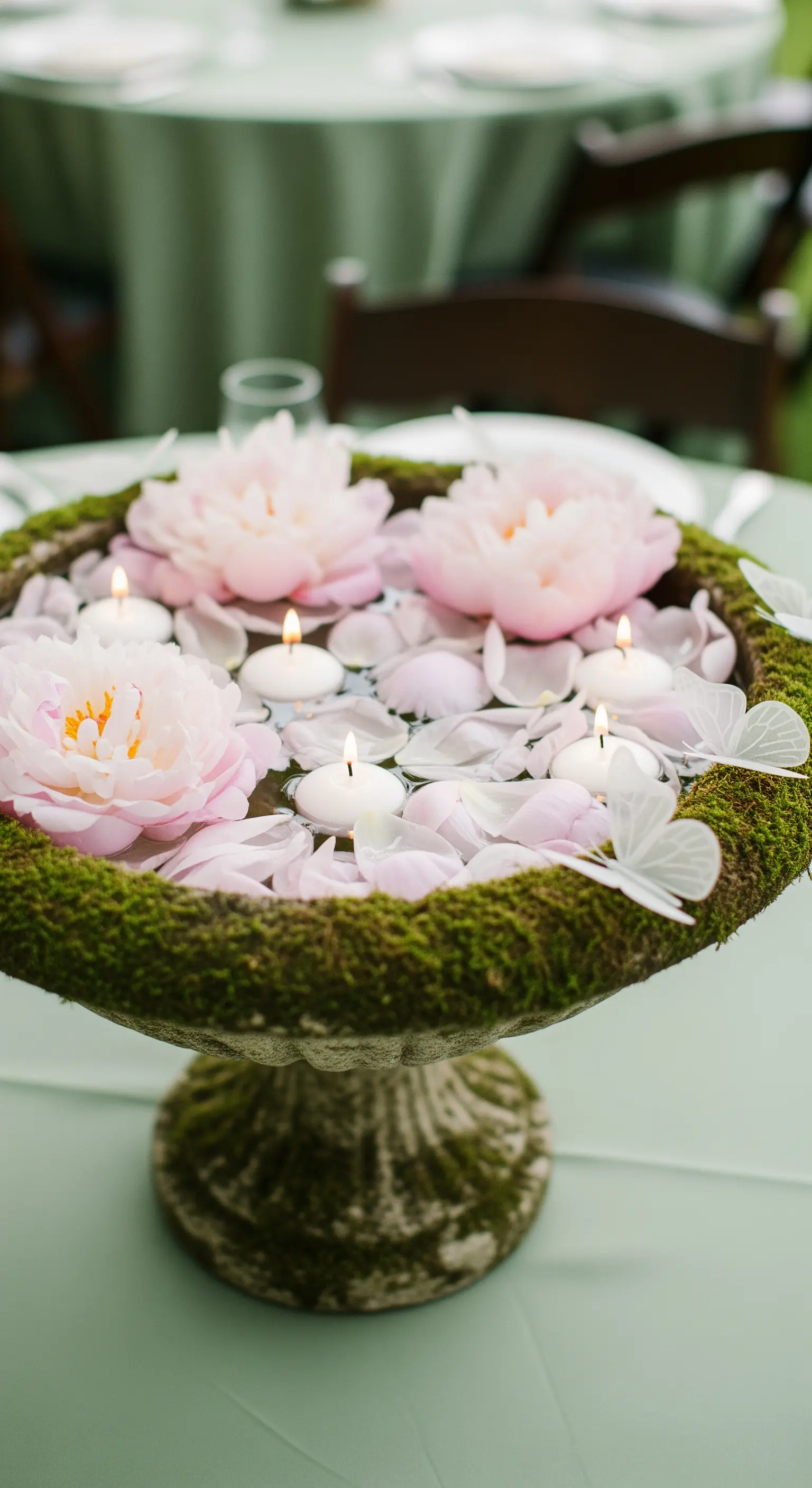 Urna da giardino in pietra ricoperta di muschio, con peonie rosa e candele galleggianti.