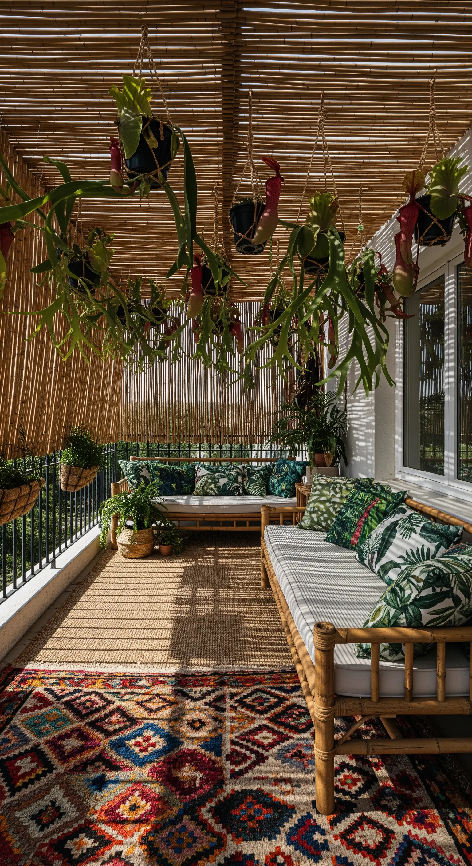 Balcone tropicale con arredi in bambù, cuscini a foglia di palma e tappeto etnico.