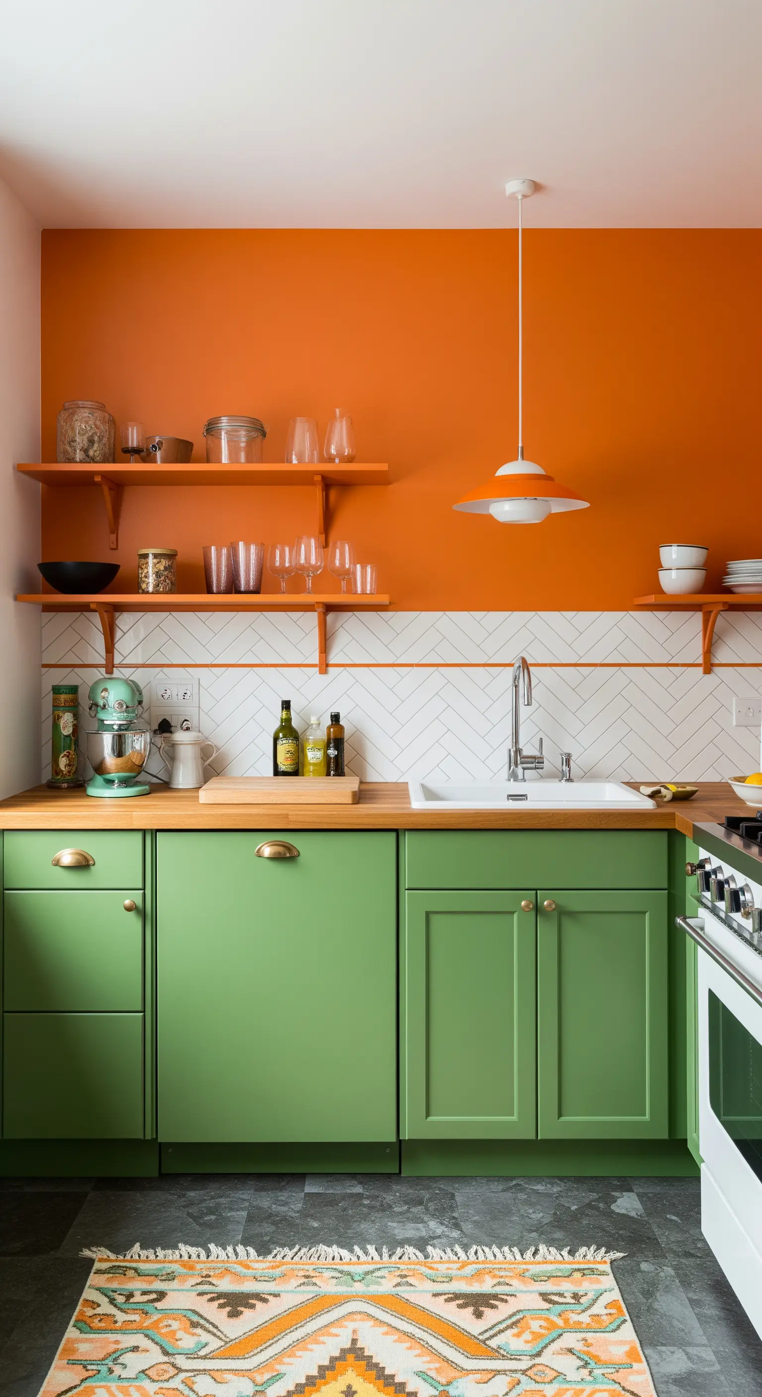 Cucina con parete arancione, mobili bassi verdi e mensole aperte.