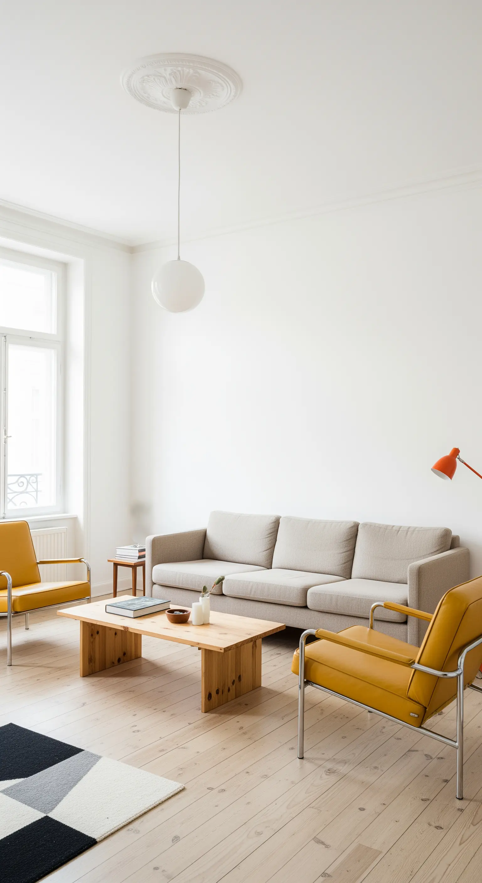 Salotto minimalista con pareti bianche, pavimento in legno chiaro e due poltrone senape in pelle.