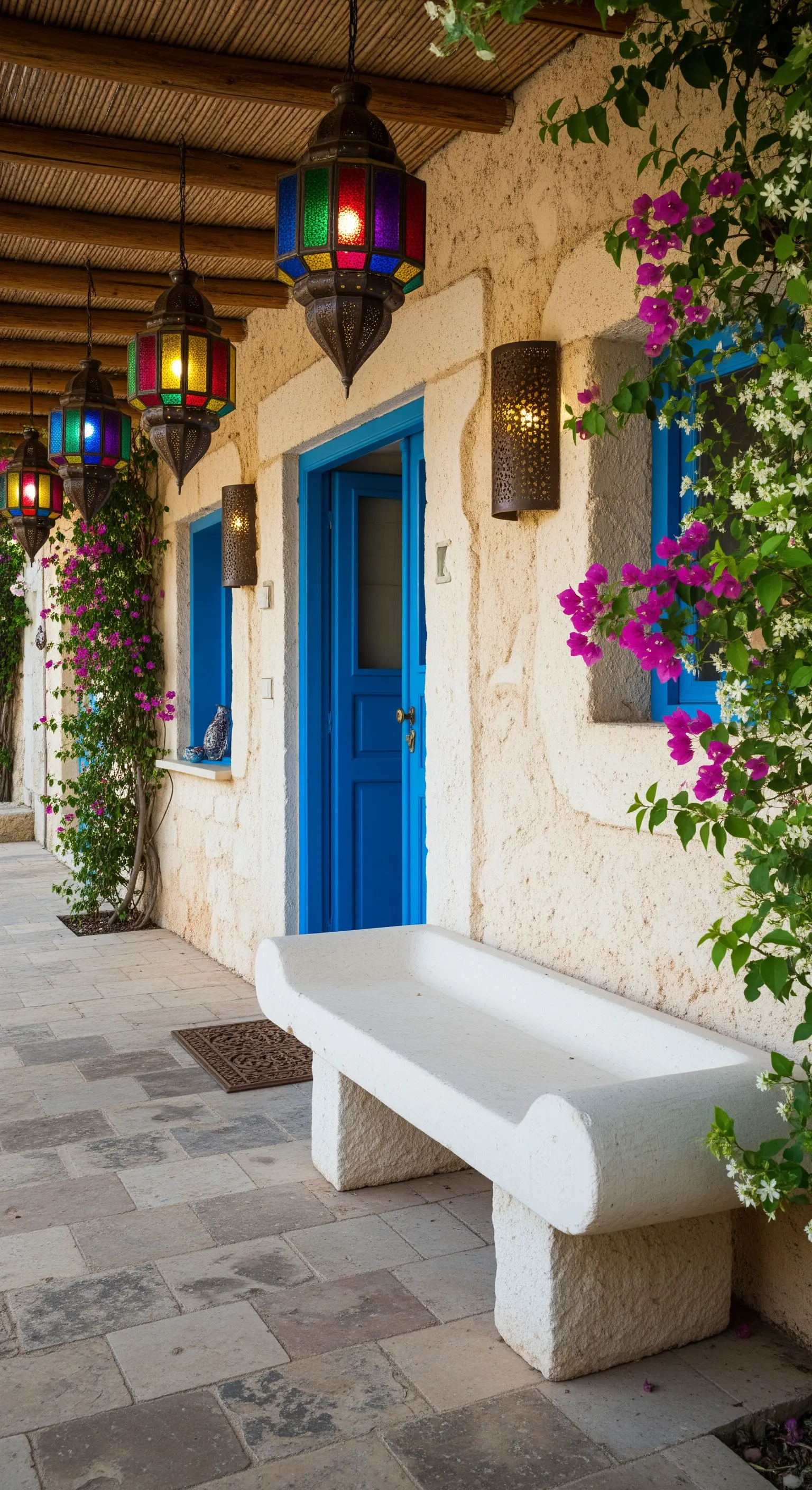Portico in stile mediterraneo con porta blu, lanterne marocchine colorate e bouganville