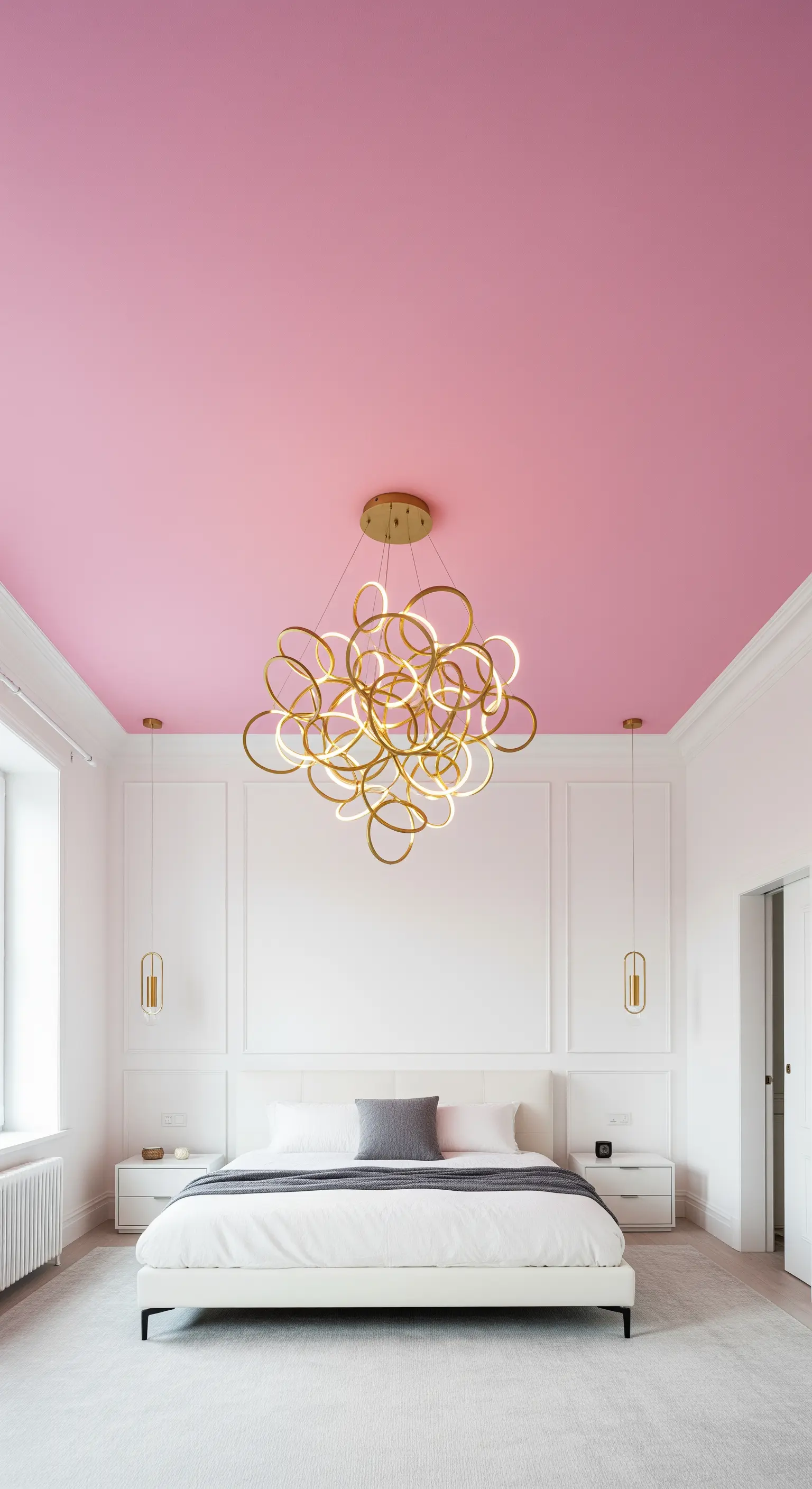 Camera da letto bianca con un sorprendente soffitto dipinto di rosa e un grande lampadario dorato.