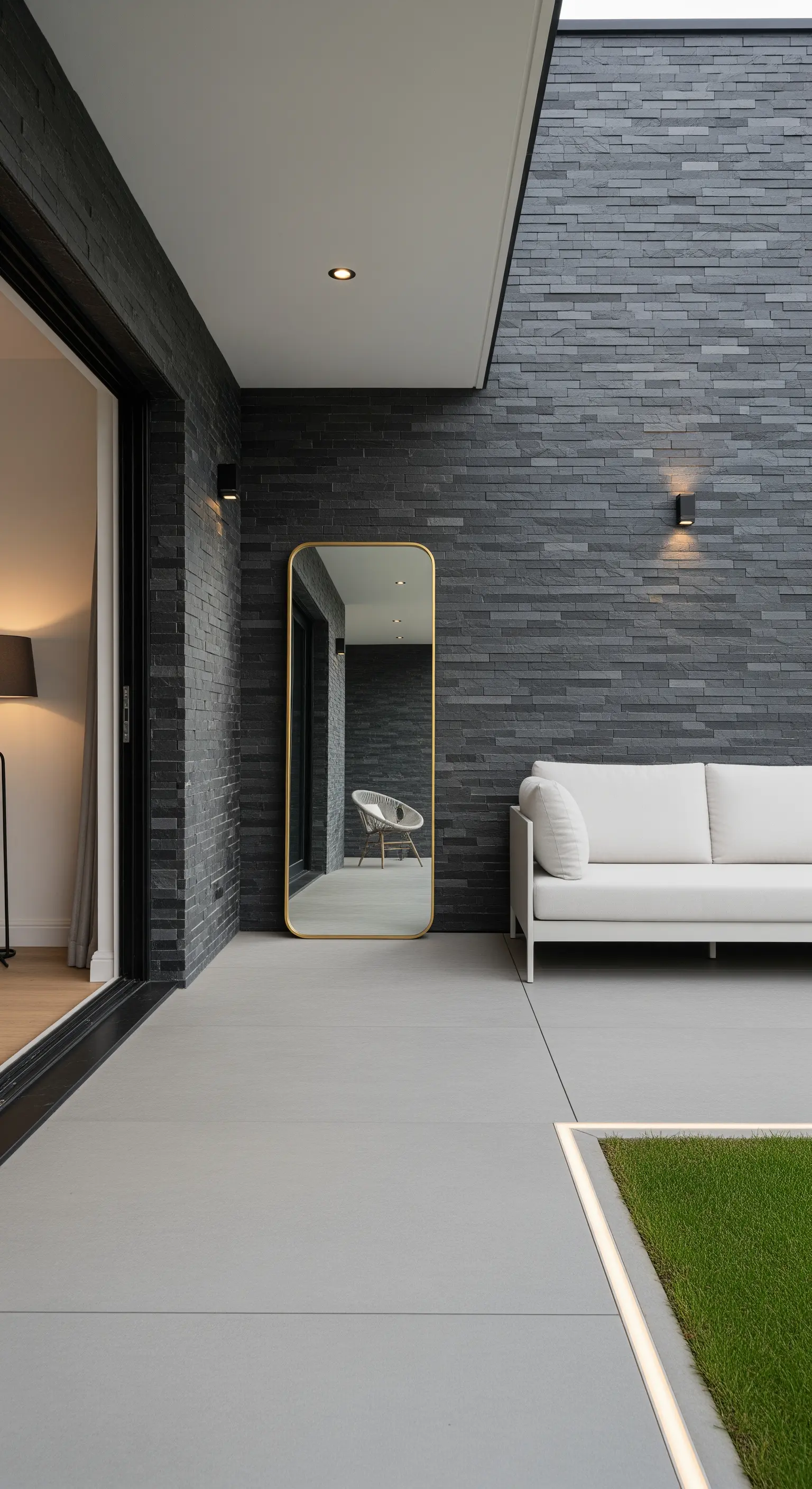 Patio con parete in ardesia scura, divano bianco minimal e uno specchio a figura intera dorato