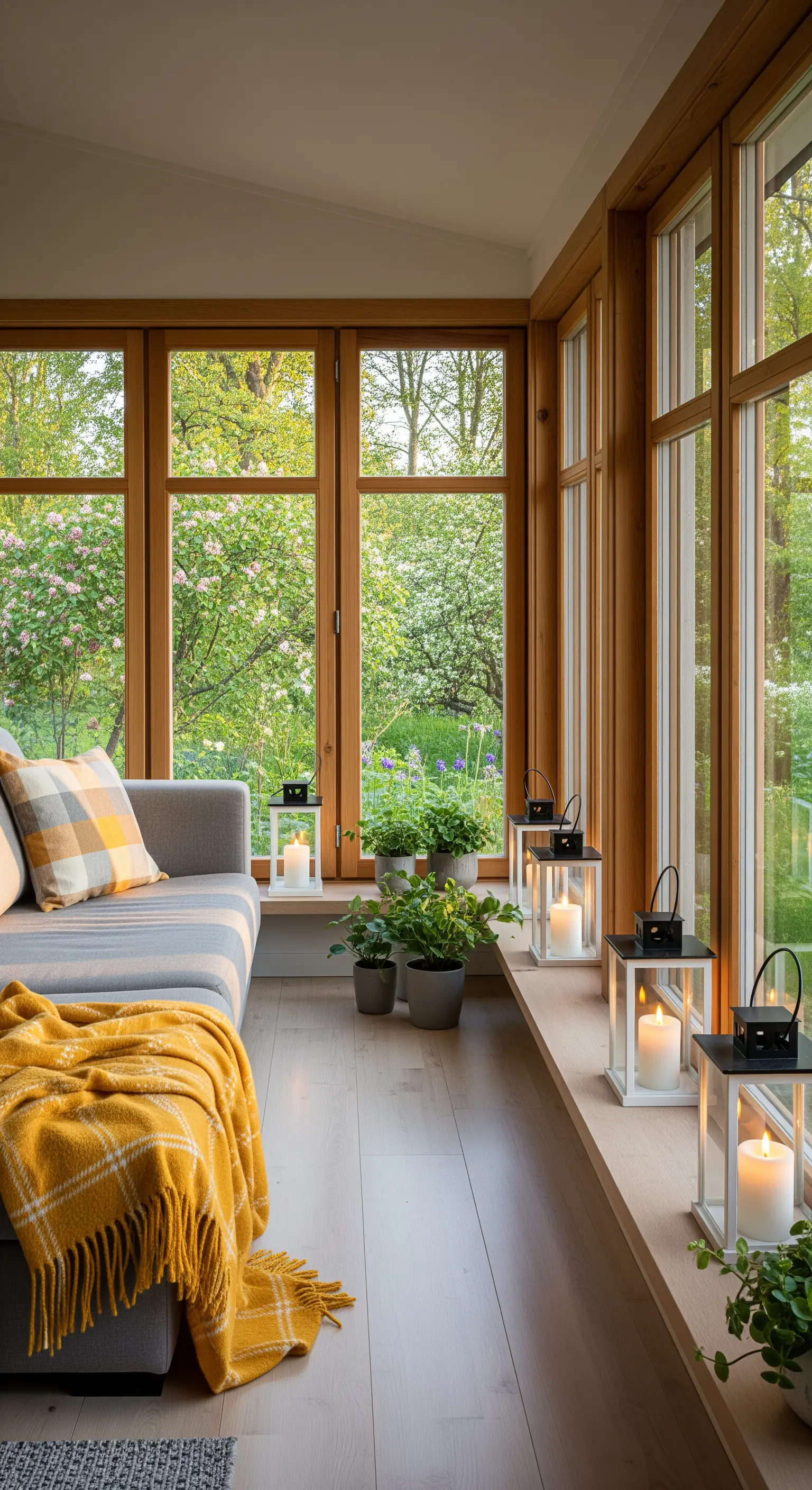 Veranda luminosa con divano grigio, plaid giallo e lanterne nere sul davanzale