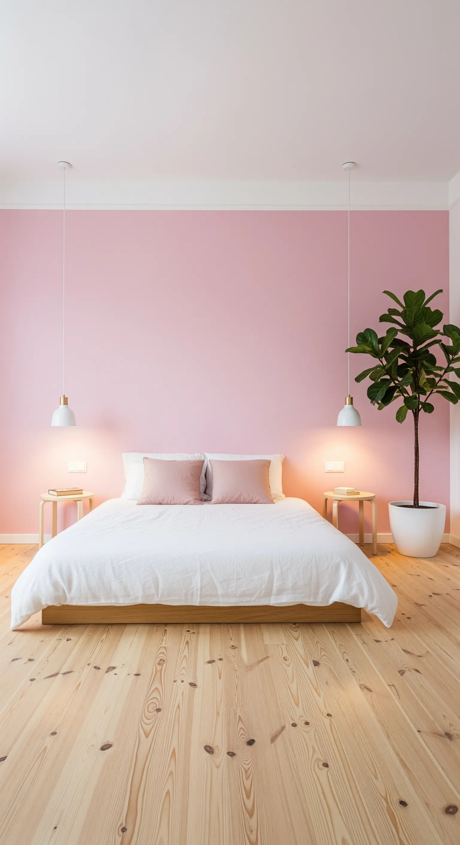 Camera minimalista con parete rosa, letto basso in legno e lampade a sospensione bianche.
