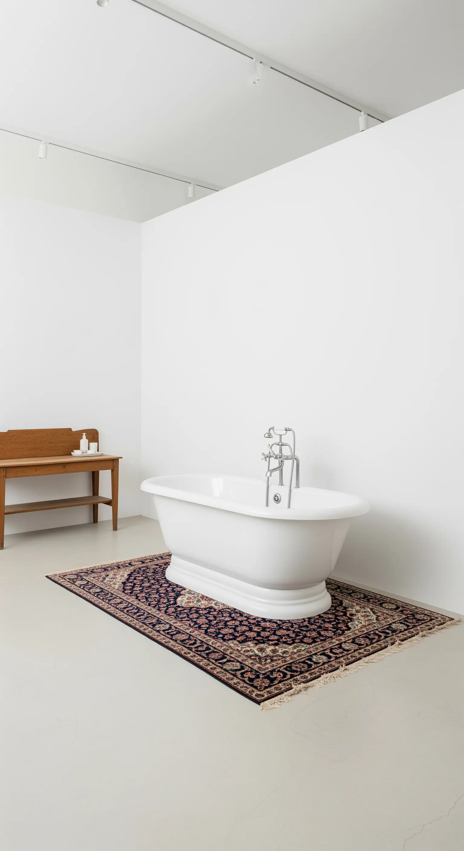 Spazio minimalista bianco con una vasca e un tappeto persiano come unico elemento.