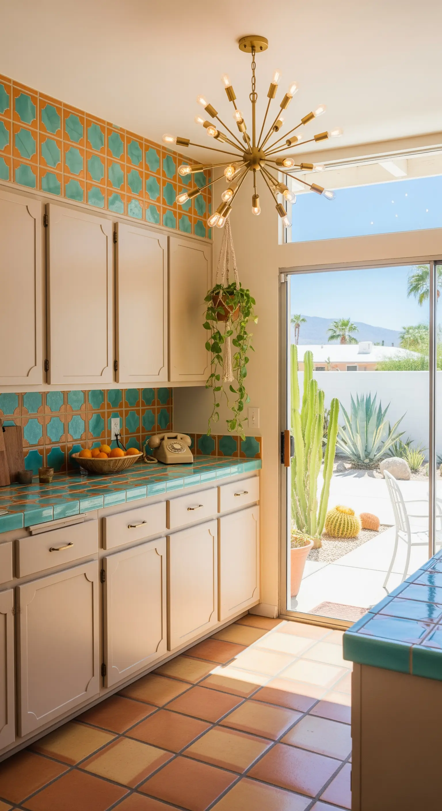 Cucina con piastrelle turchesi, pavimento in cotto e lampadario sputnik dorato.