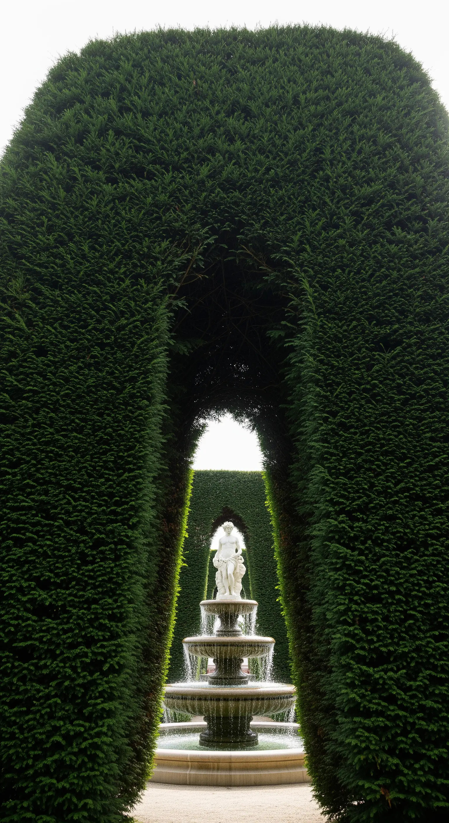 Fontana classica vista attraverso una stretta apertura tra due altissime pareti di siepi scure
