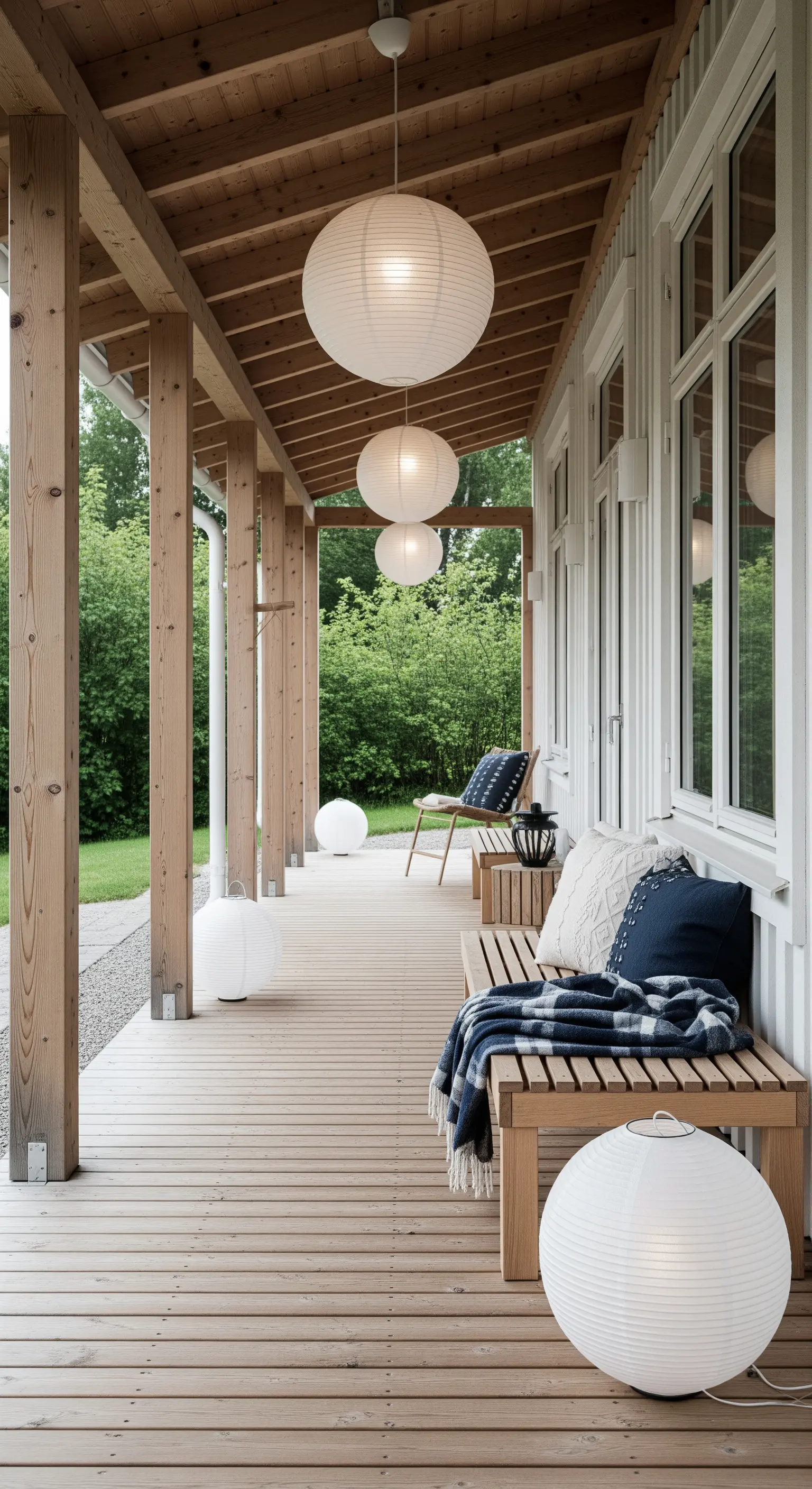 Lungo portico in legno con panche e lampade sferiche di carta, sospese e a terra