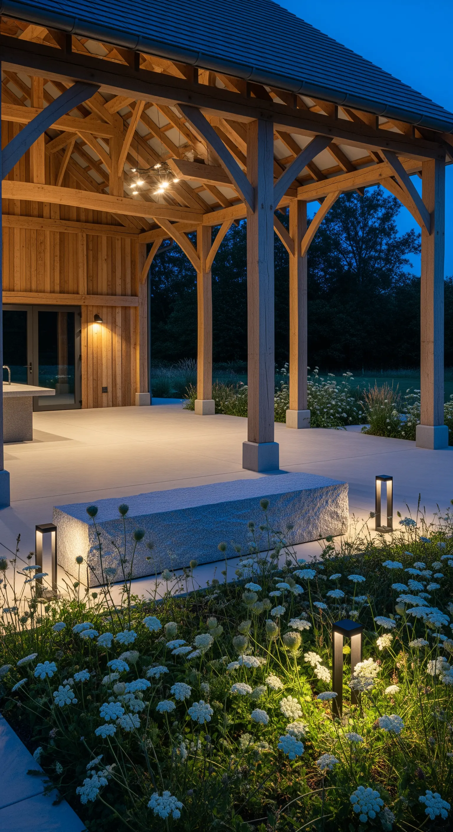 Panca in granito in un moderno portico con struttura in legno, circondata da fiori illuminati dal basso