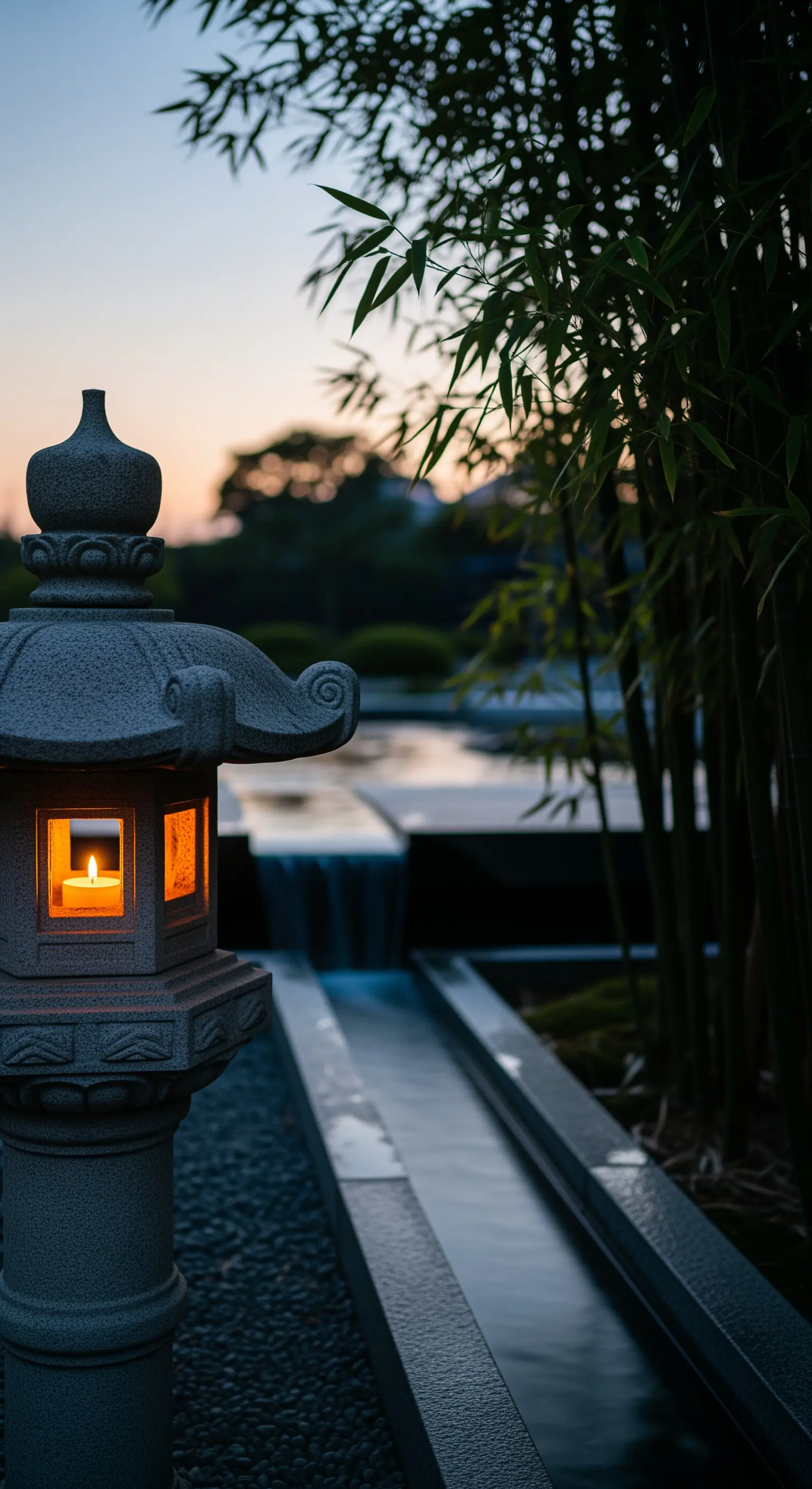 Primo piano di una lanterna giapponese in pietra con una candela accesa al crepuscolo.