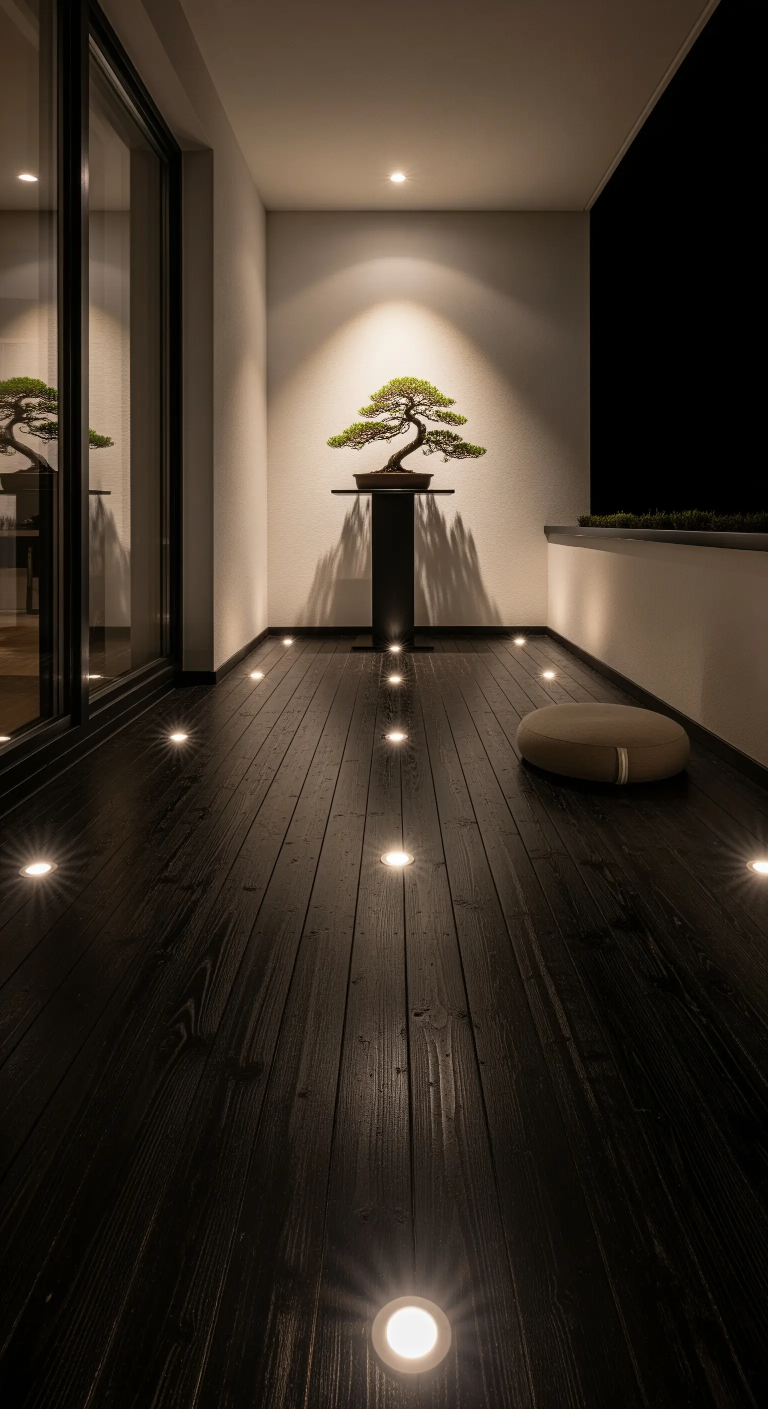 Balcone minimalista con pavimento in legno scuro e un faretto che illumina un bonsai
