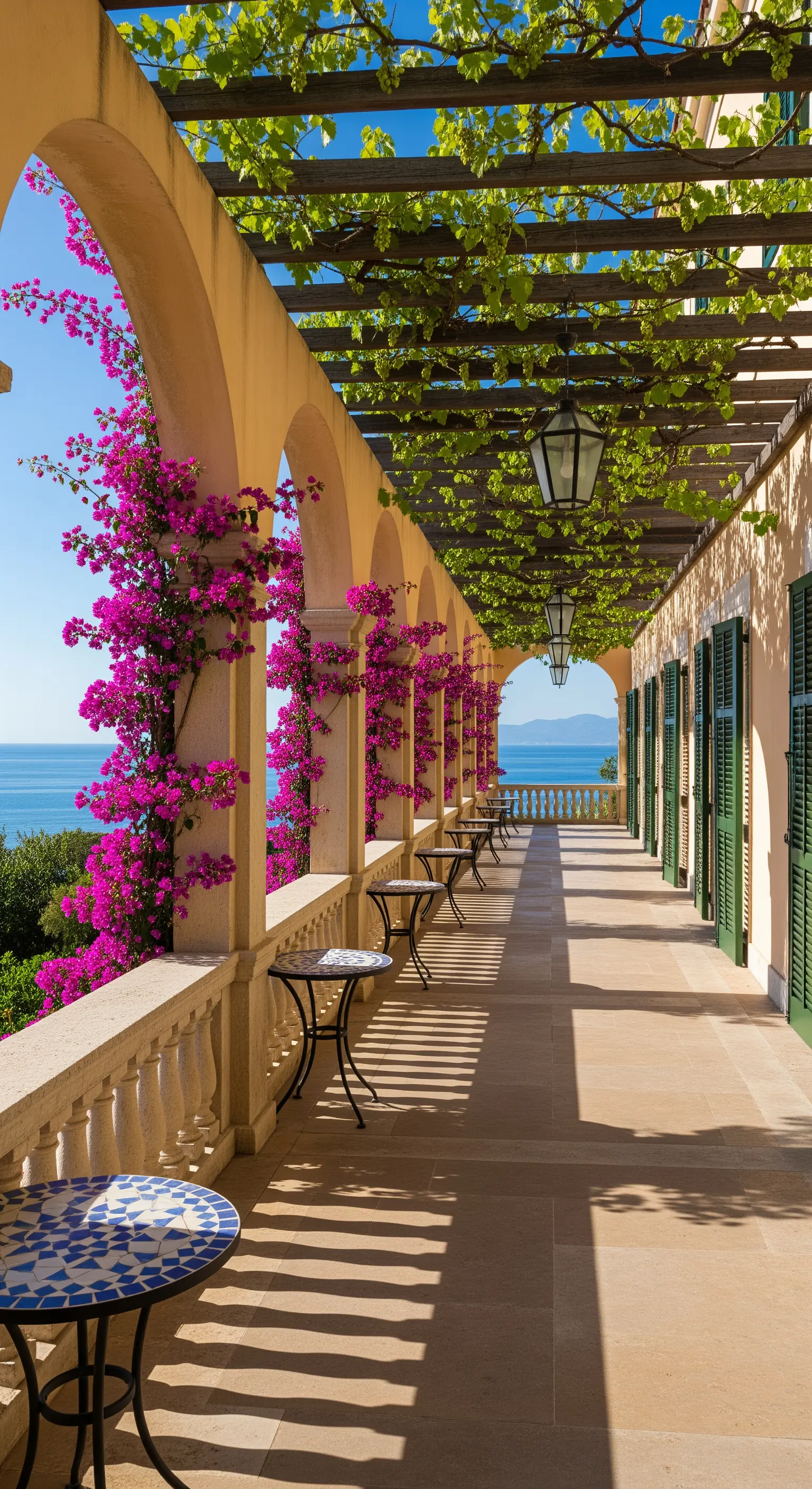 Lungo porticato con archi, tavolini in mosaico e bouganville rampicante con vista mare