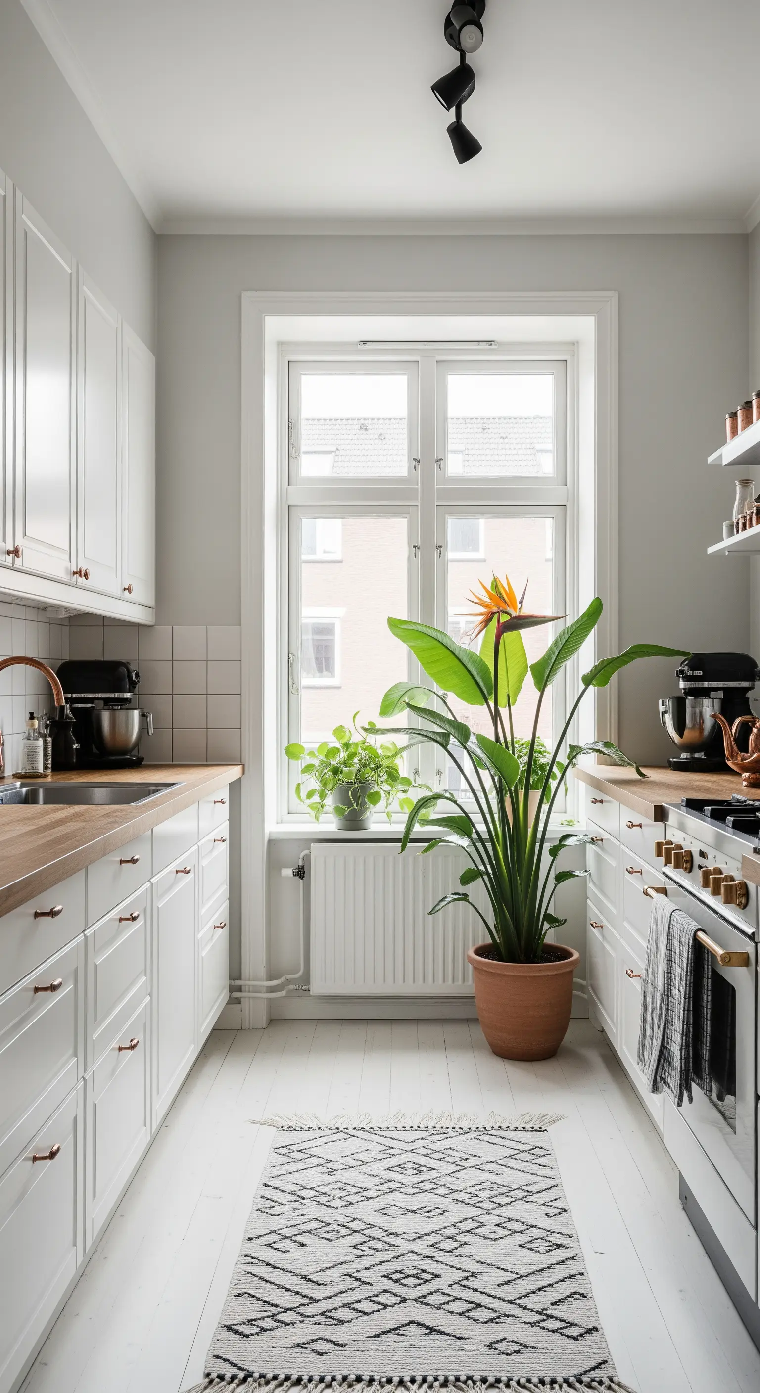 Strelitzia nicolai posta davanti alla finestra in una cucina bianca e stretta.