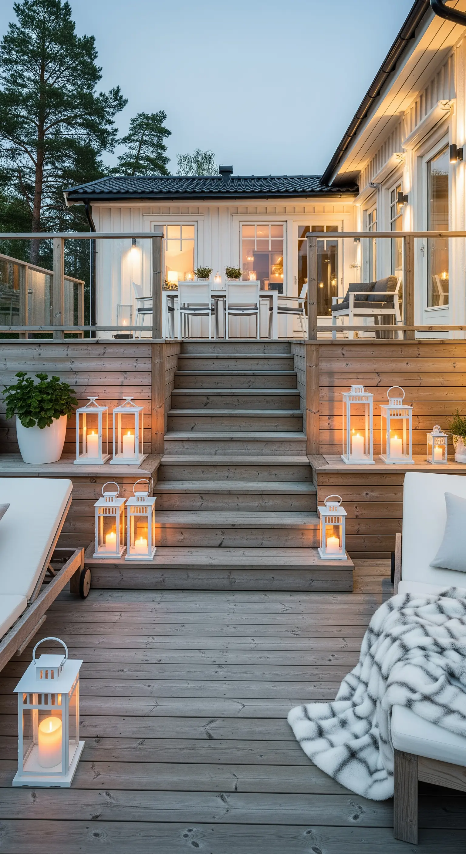 Terrazza in legno su più livelli illuminata da numerose lanterne bianche sui gradini
