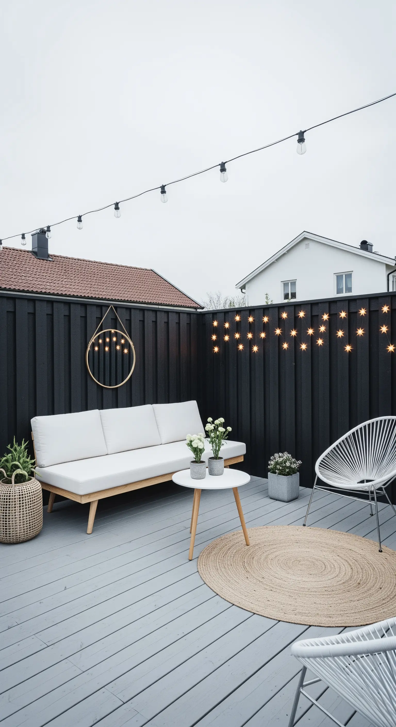 Patio con staccionata nera, divano bianco, luci a stella e specchio rotondo decorativo