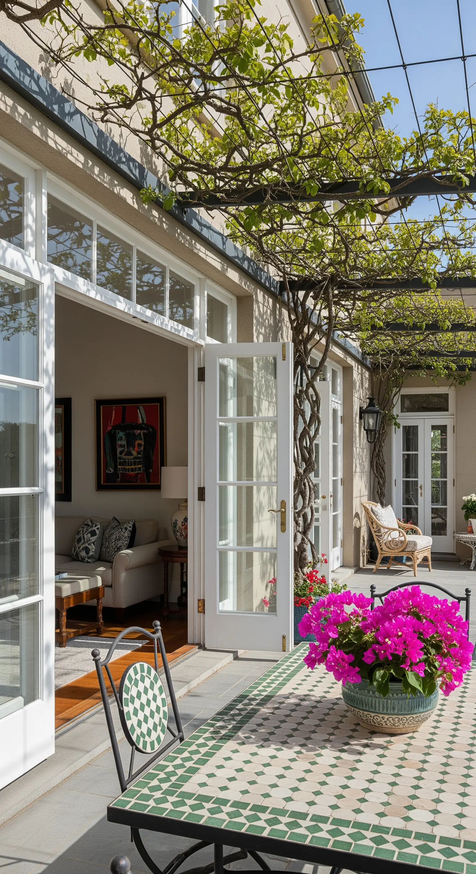 Patio con tavolo in mosaico e una grande bouganville fucsia in vaso come centrotavola