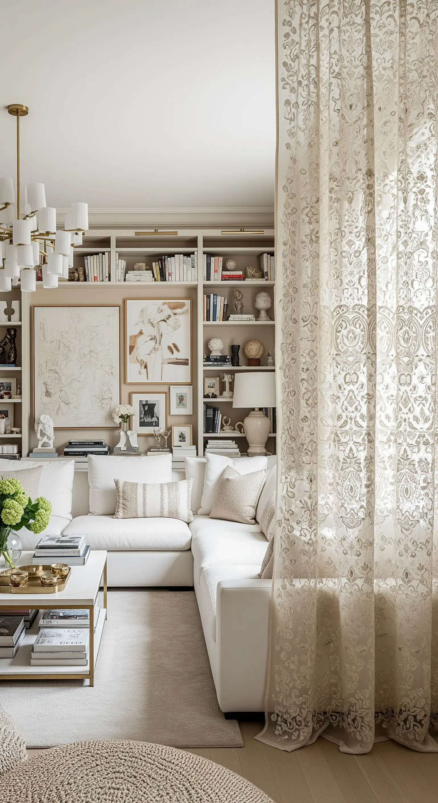Soggiorno elegante con divano bianco e una tenda ricamata usata come divisorio.