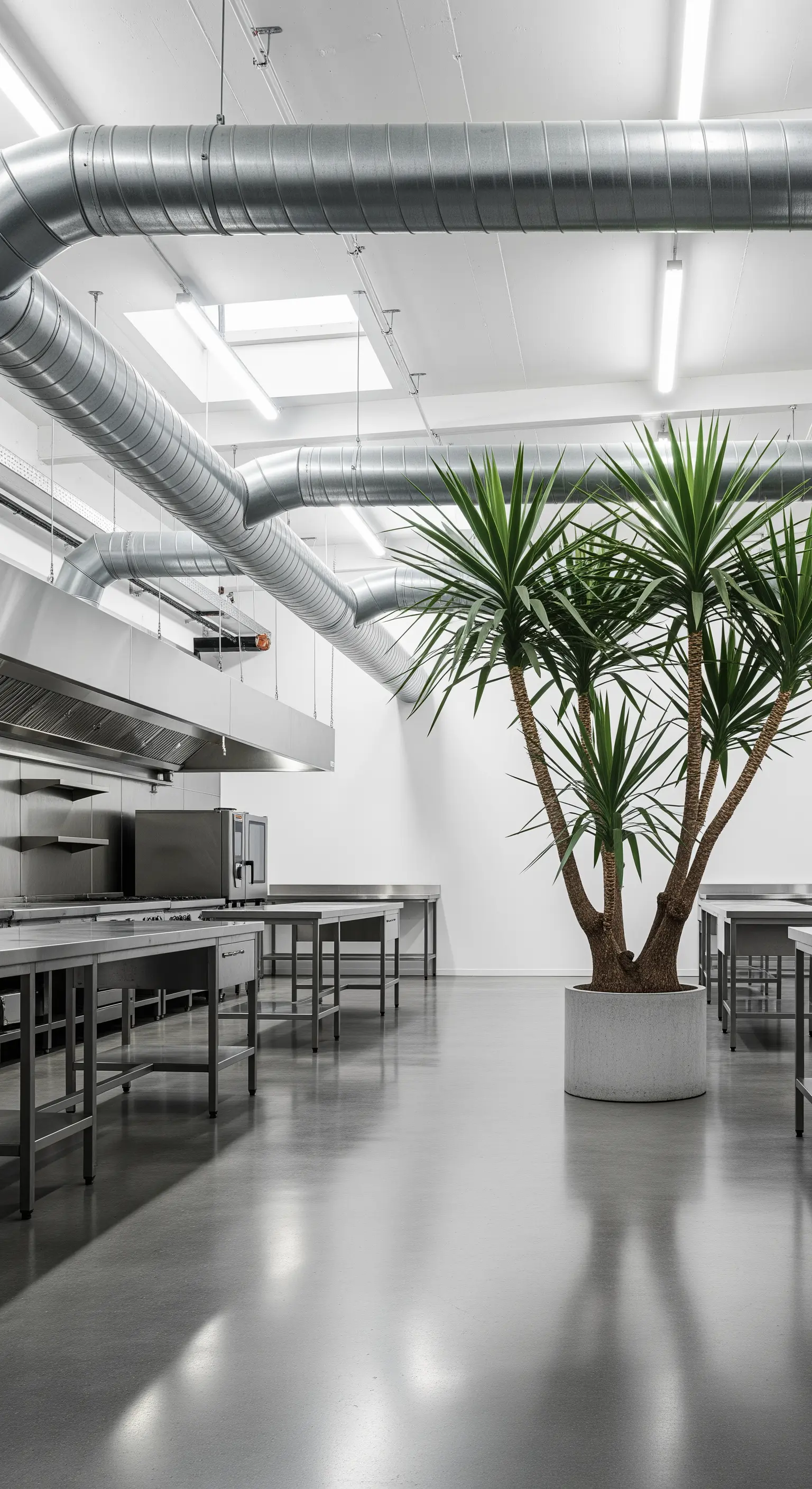 Grande pianta di Yucca in un vaso di cemento all'interno di una spaziosa cucina industriale in acciaio.