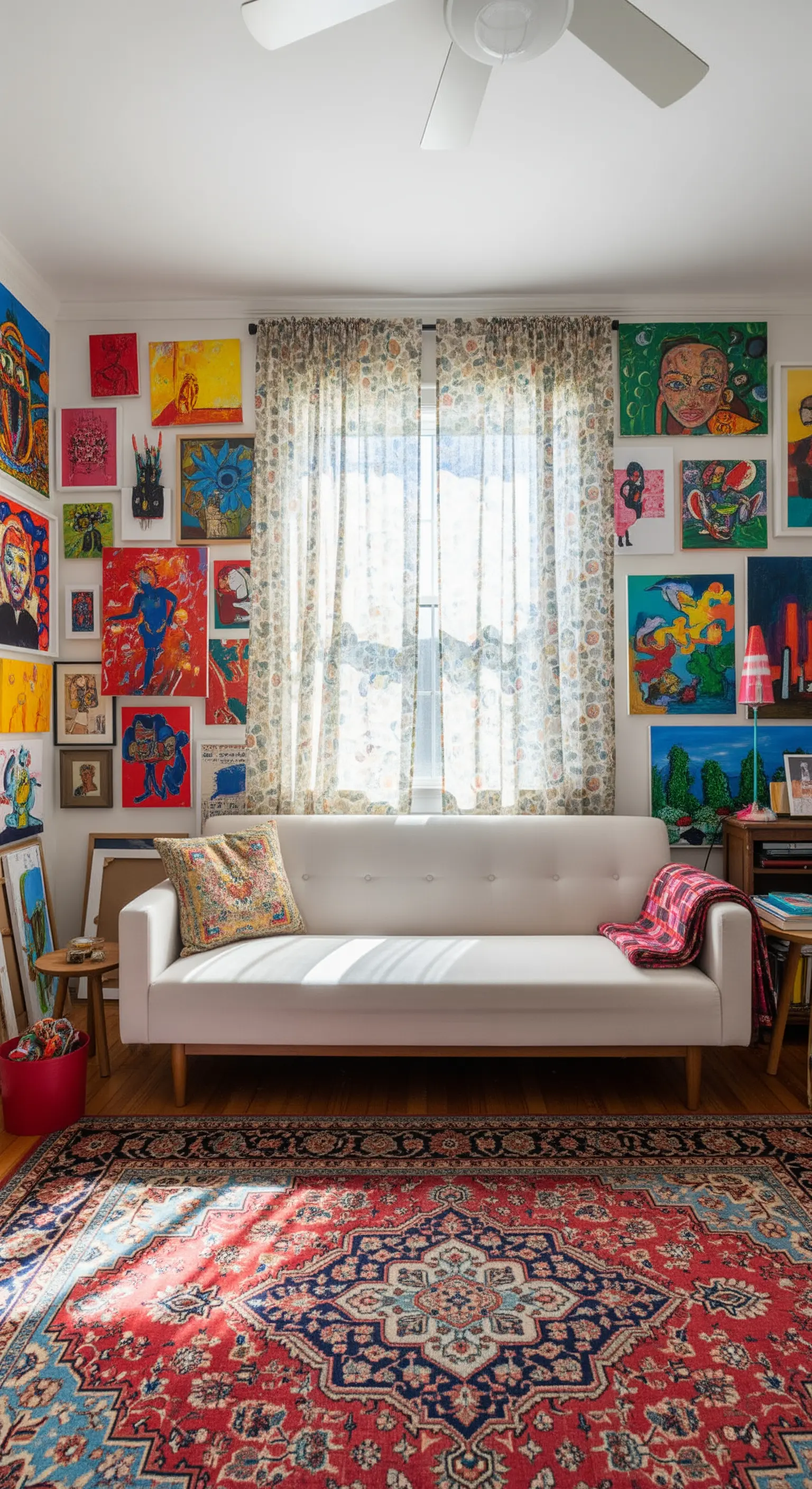Divano bianco circondato da una galleria di quadri colorati e tende a fantasia floreale.