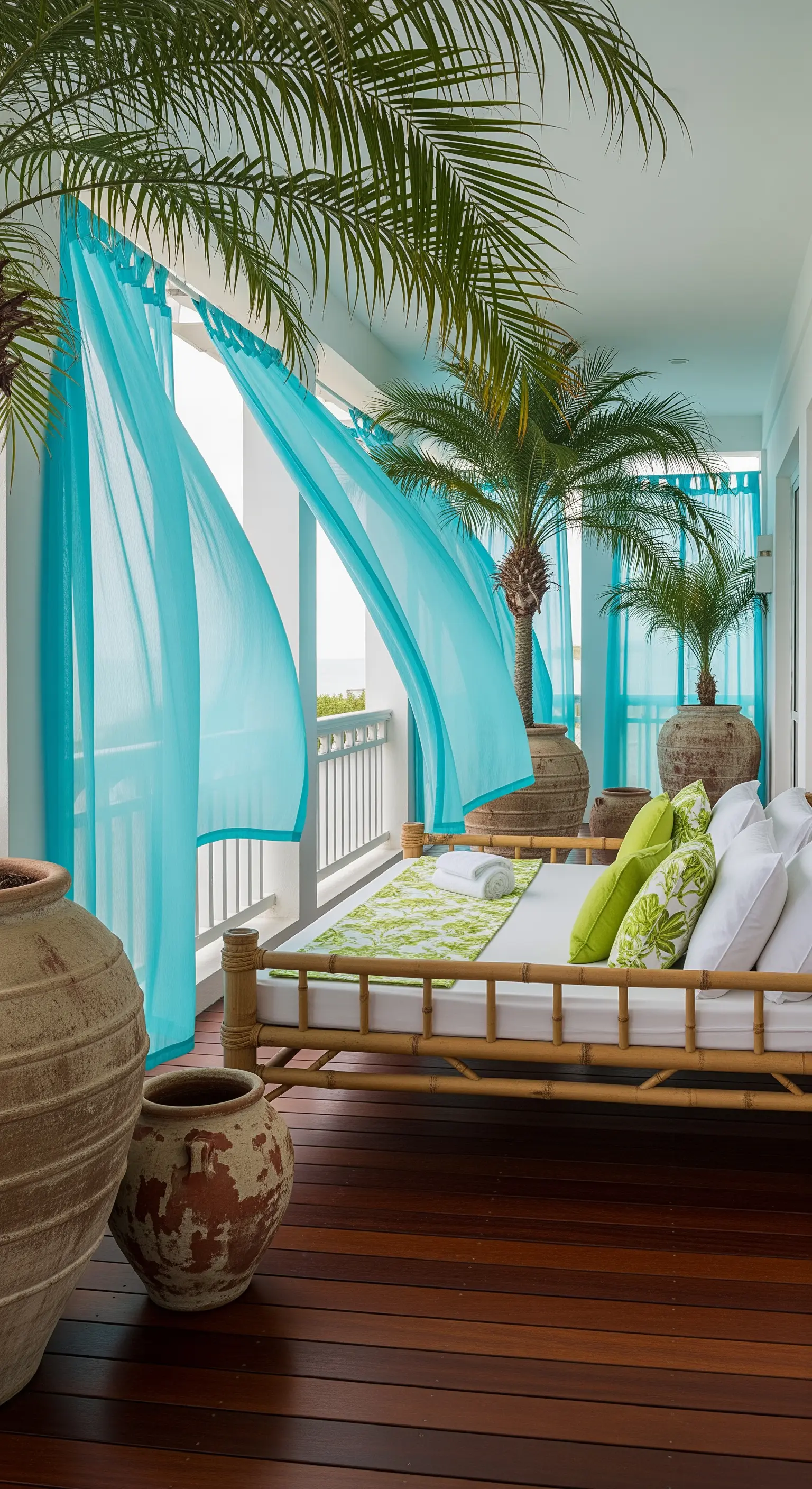 Balcone con daybed in bambù, tende turchesi che fluttuano al vento e grandi vasi di terracotta.