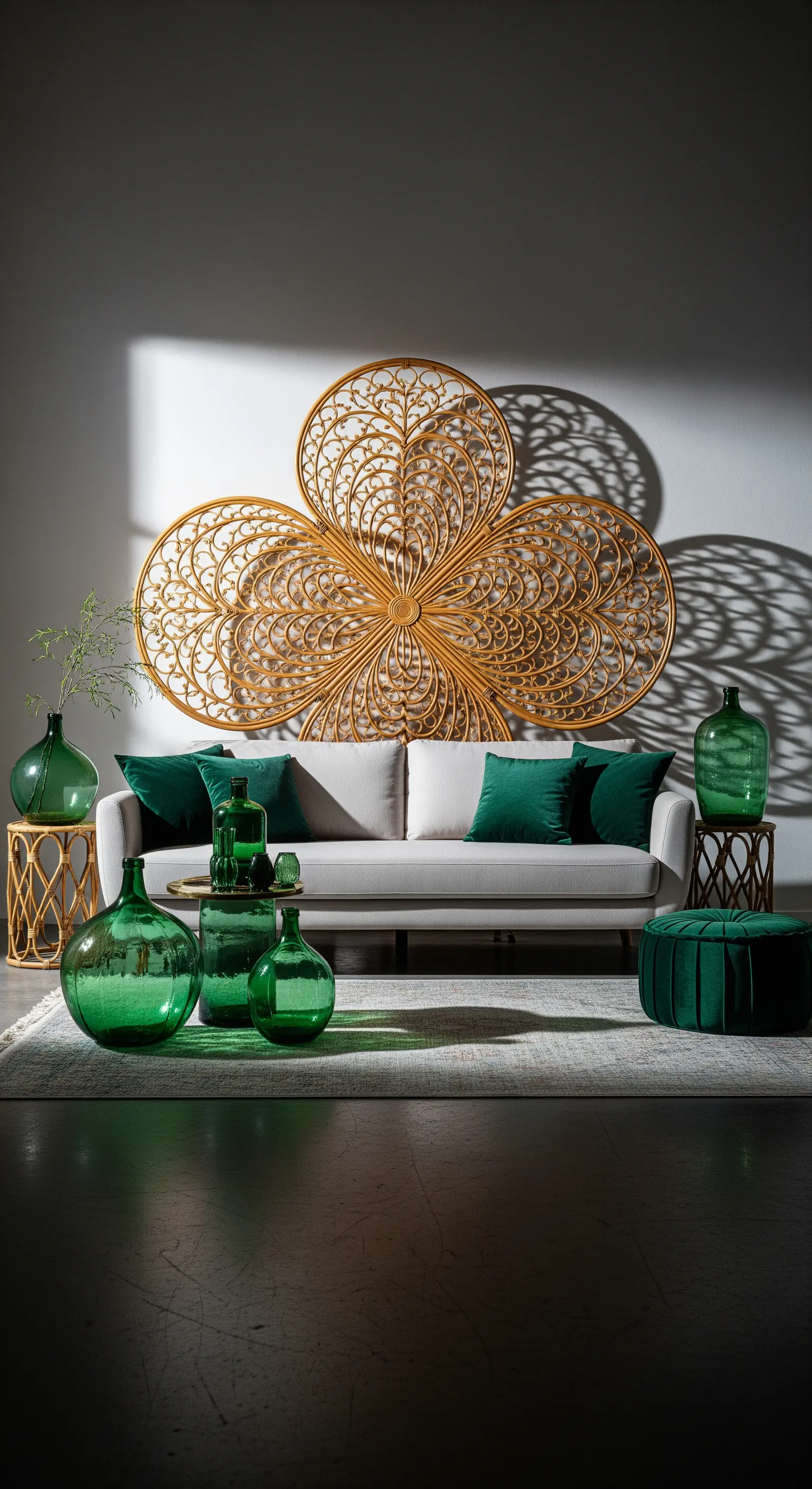 Divano bianco con dietro un grande pannello decorativo in rattan a forma di trifoglio.