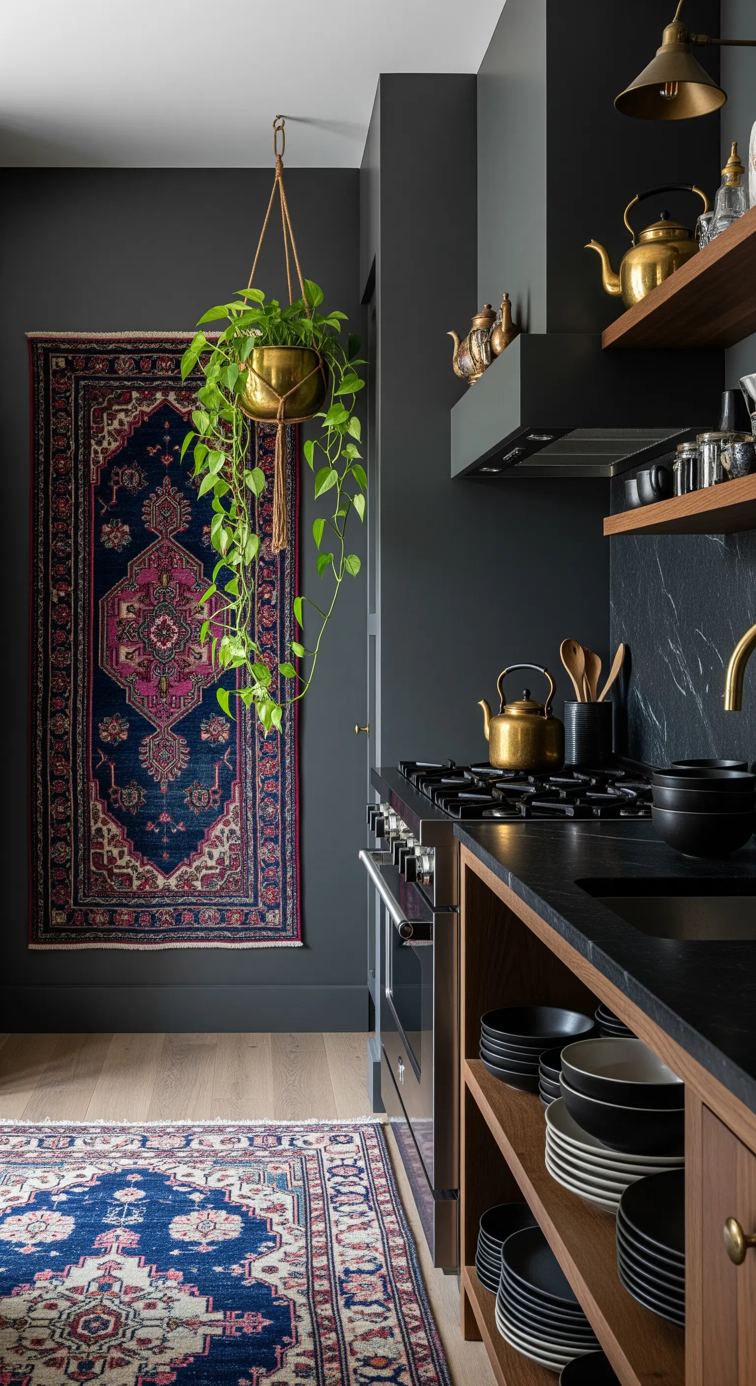 Cucina moderna scura con un tappeto persiano appeso al muro come un arazzo.