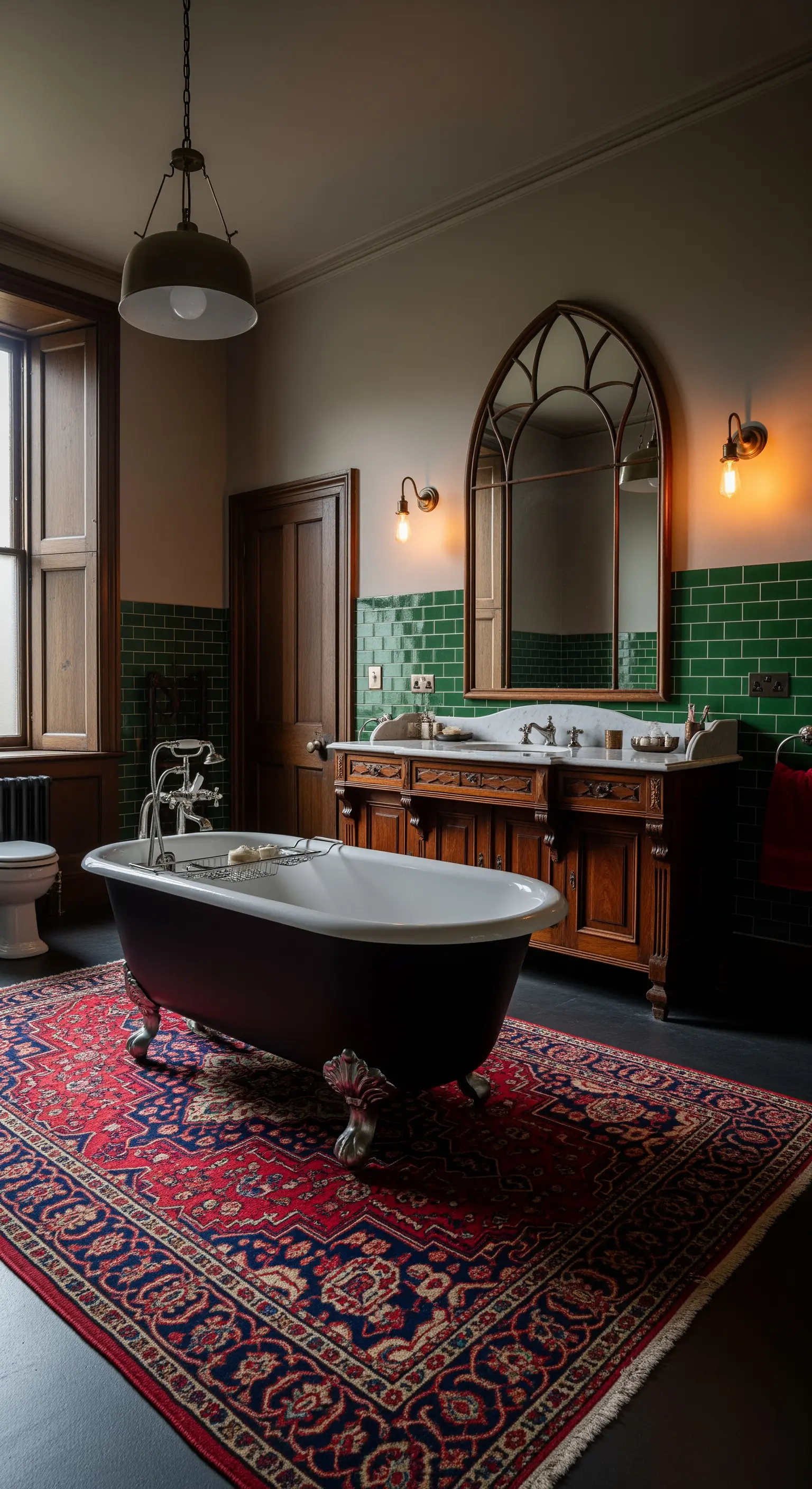 Bagno classico con vasca freestanding nera, tappeto persiano rosso e piastrelle verdi.