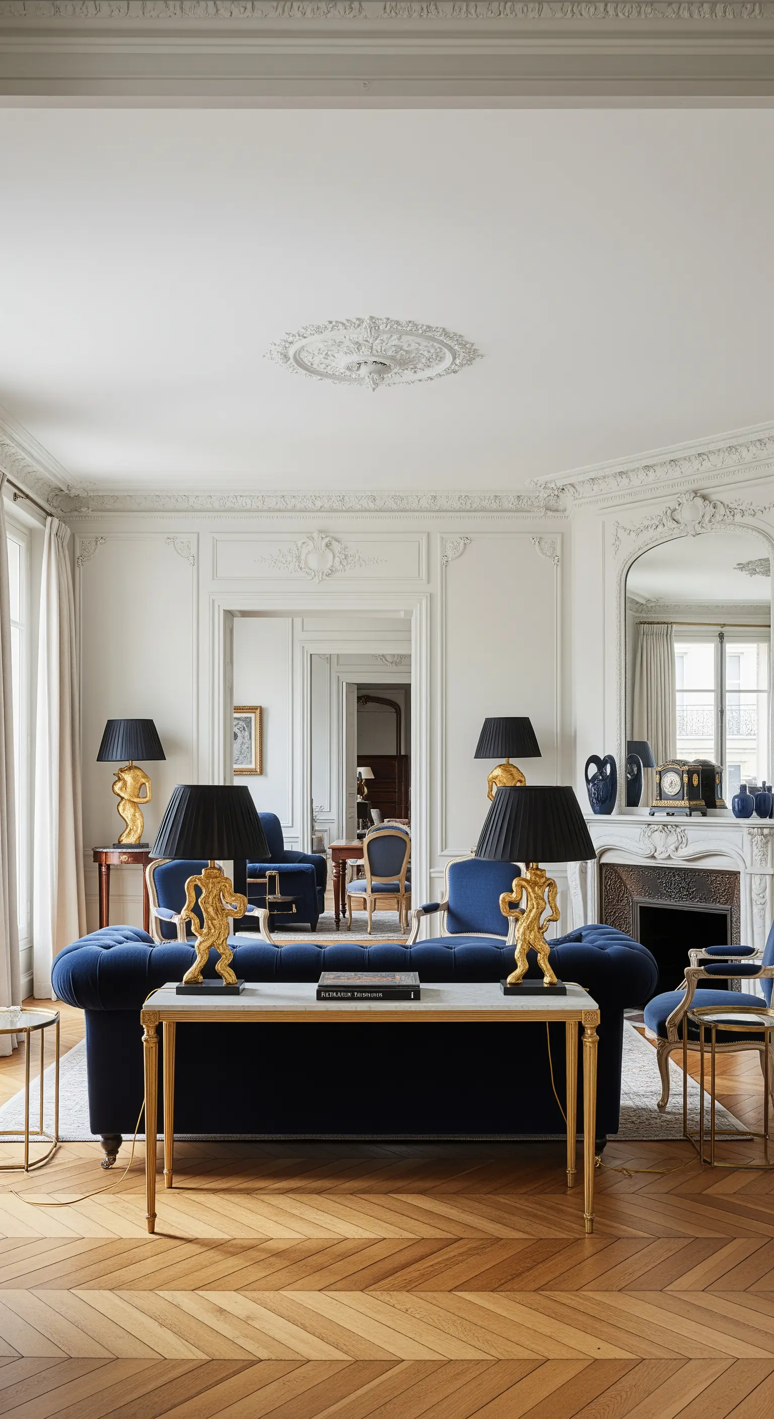 Salotto parigino con divano in velluto blu, console dorata e lampade gemelle con base scultorea.
